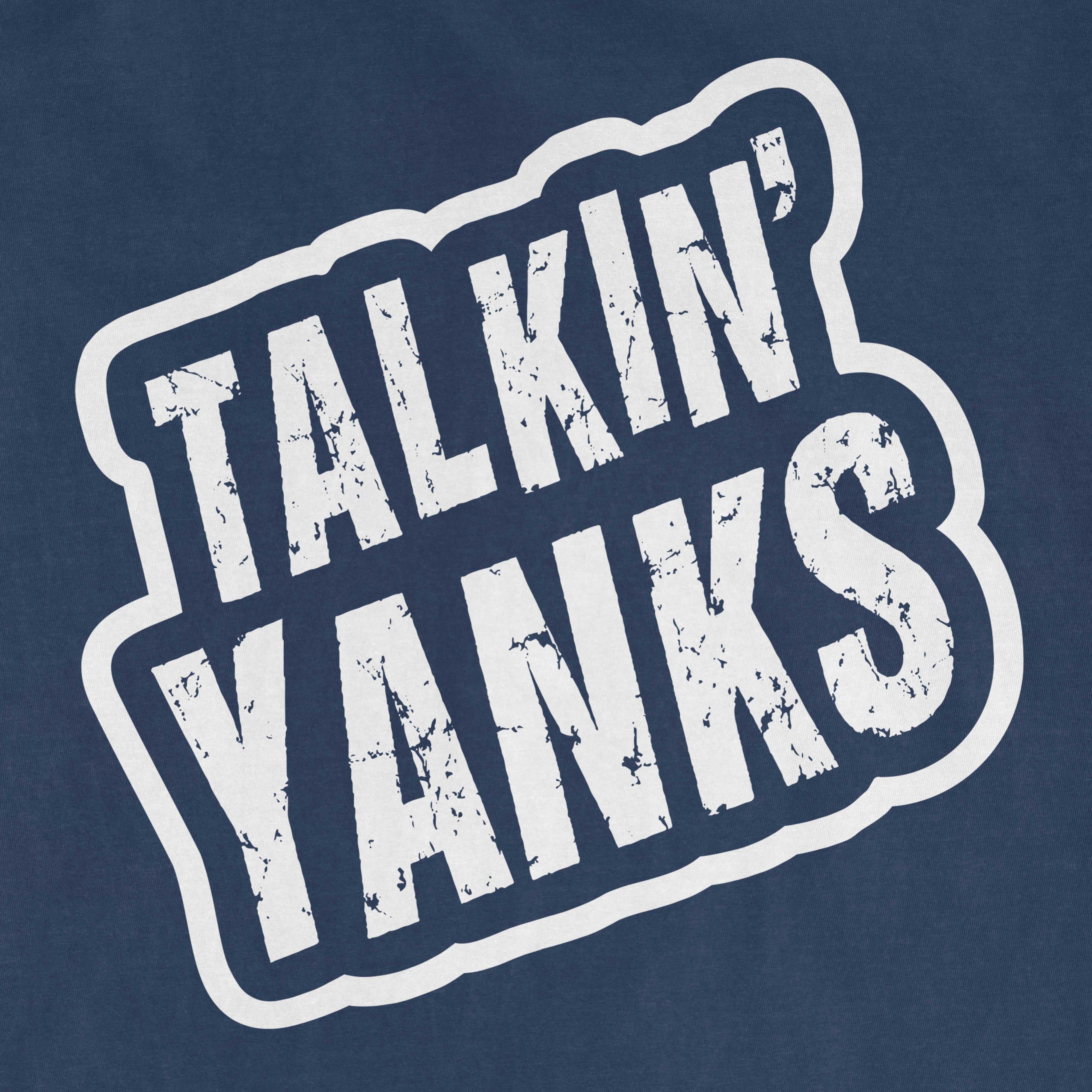 "Talkin' Yanks icon with bold, distressed white text on a blue background, featuring a playful, vintage style.