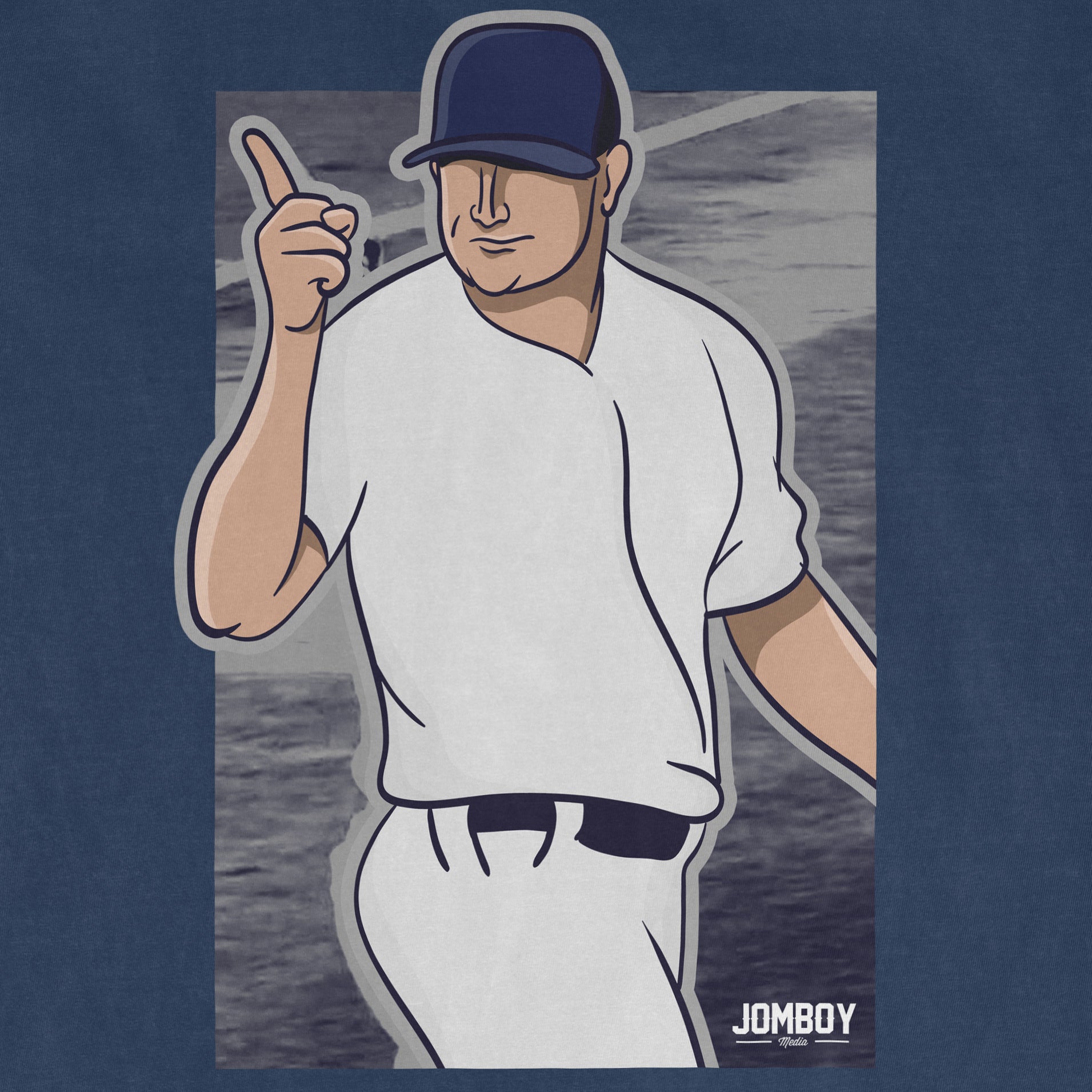 A cartoon-style illustration of a man in a white outfit and cap, pointing his finger with a confident expression, against a beach background.