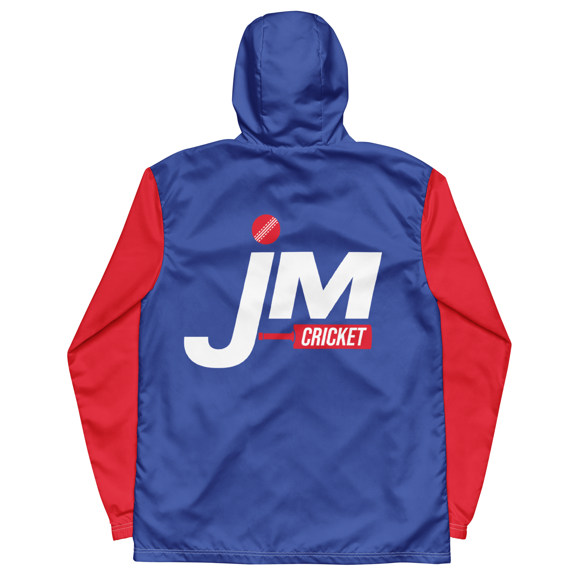 JM Cricket Stars Windbreaker featuring a blue body with red sleeves and a prominent JM Cricket logo on the back.