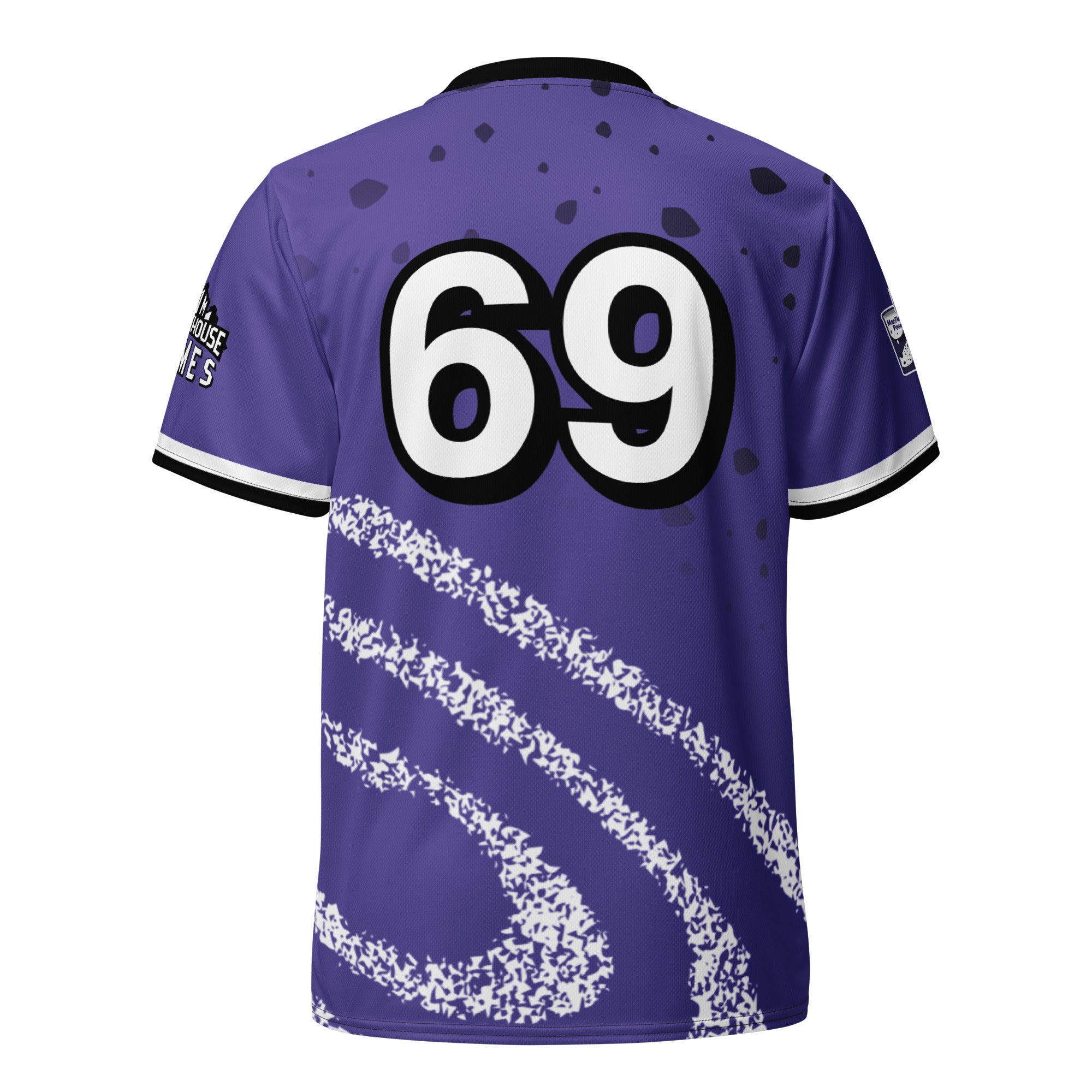 Back of a purple Blitzball Battle 5 jersey with large white "69" numbers outlined in black, featuring a white and black patterned design.