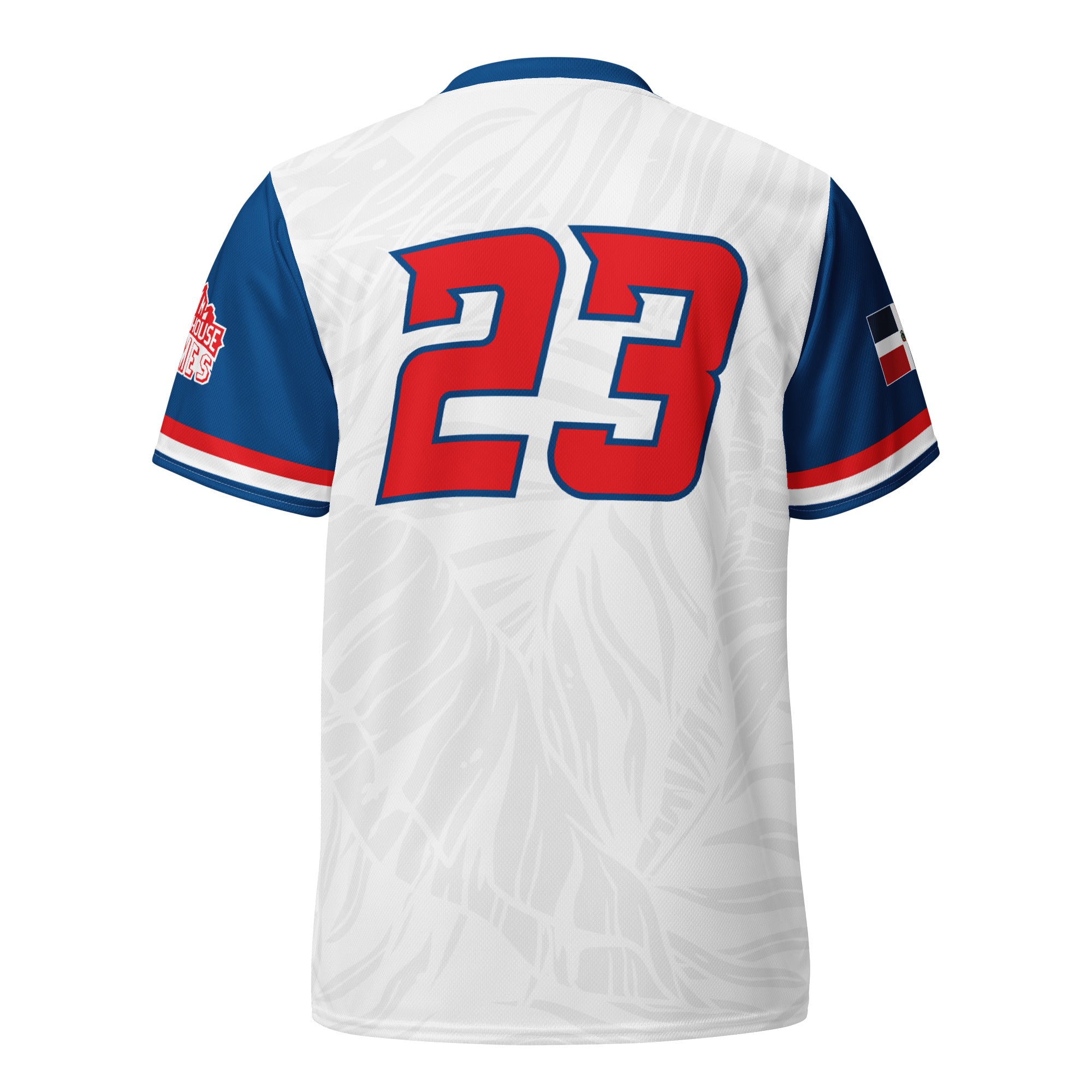White and blue Blitzball Battle 6 jersey with red number 23, featuring team logos and design details on sleeves.
