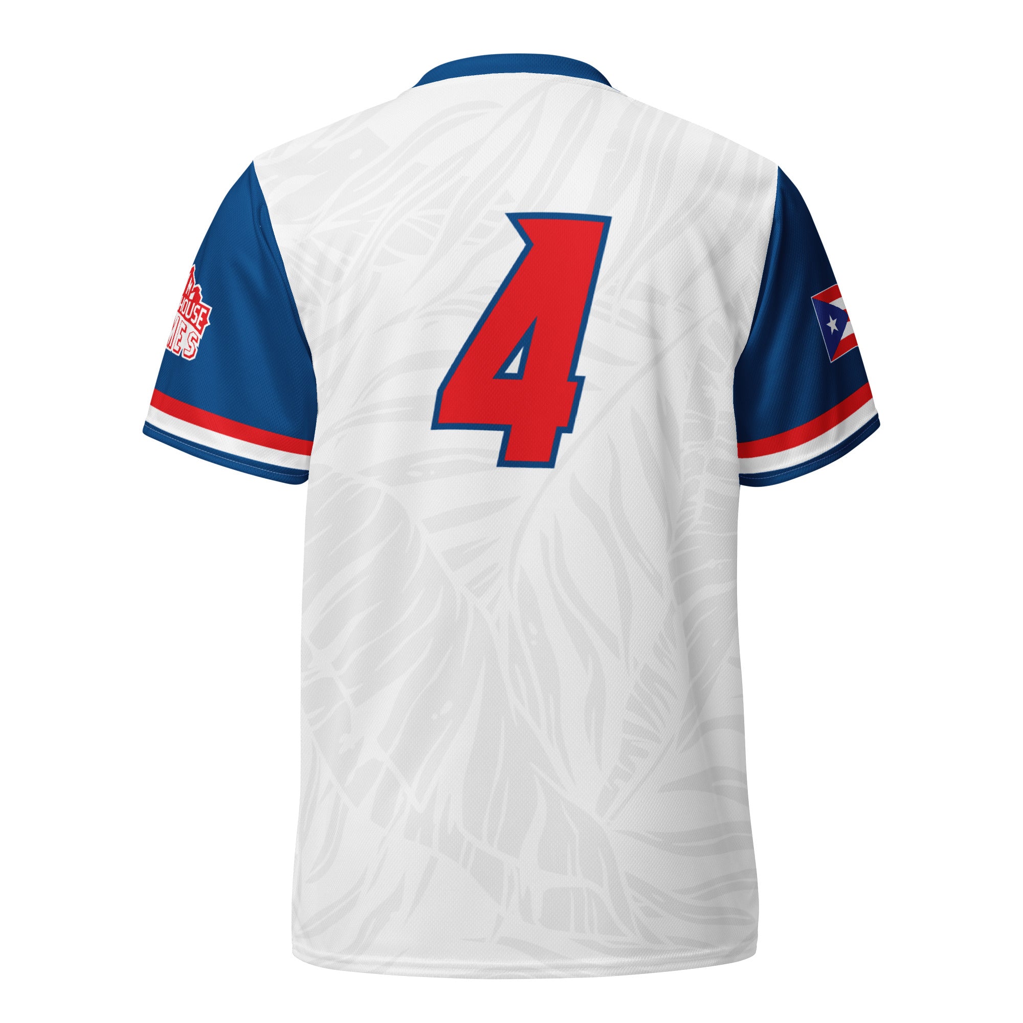 White jersey with blue and red accents, featuring the number 4 in red on the back and patches on sleeves, inspired by Blitzball Battle 6.