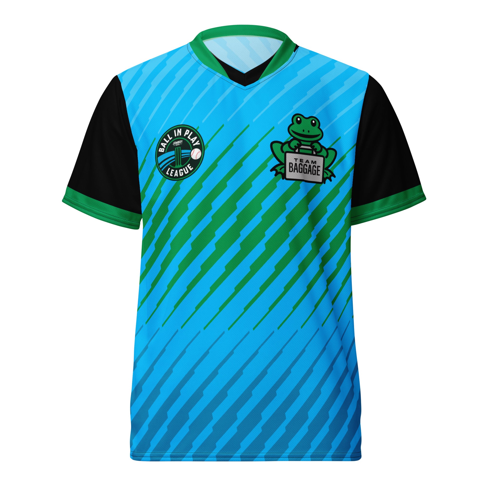 Blue and black baseball jersey with green accents, featuring "Ball In Play League" and "Team Baggage" patches, and diagonal stripe pattern.