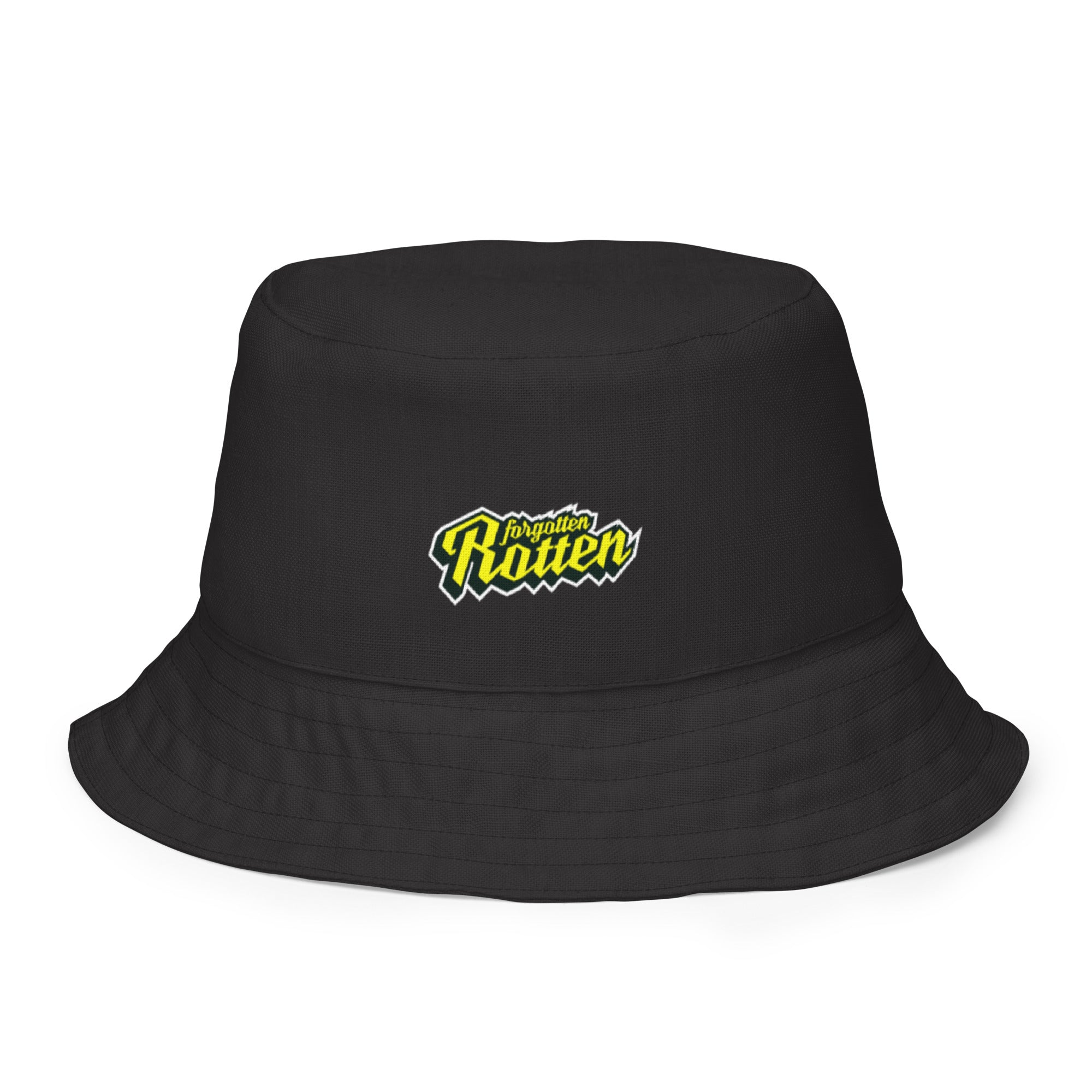 Black reversible bucket hat with "Forgotten Rotten" logo embroidered on the front, featuring yellow and white text.