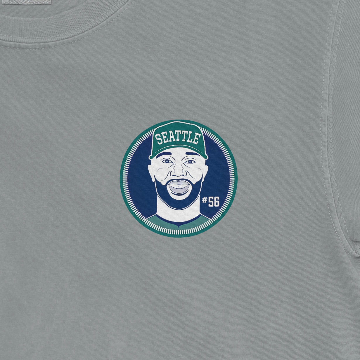Gray shirsey featuring a graphic of a smiling man wearing a Seattle cap, with "#56" on the front.