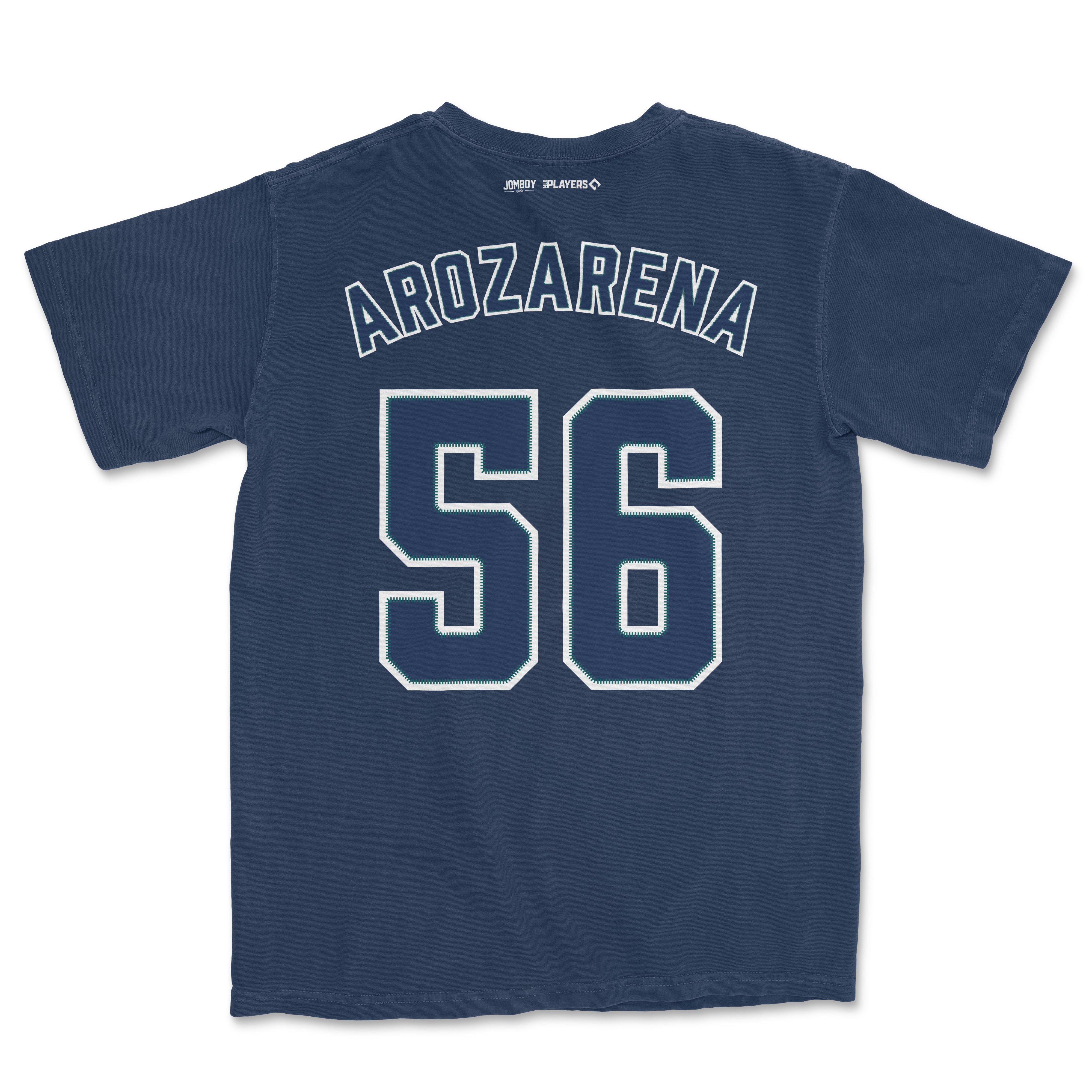 Back of a navy blue Randy Arozarena shirsey with large white and green outlined number 56 and "ARROZARENA" name on top.