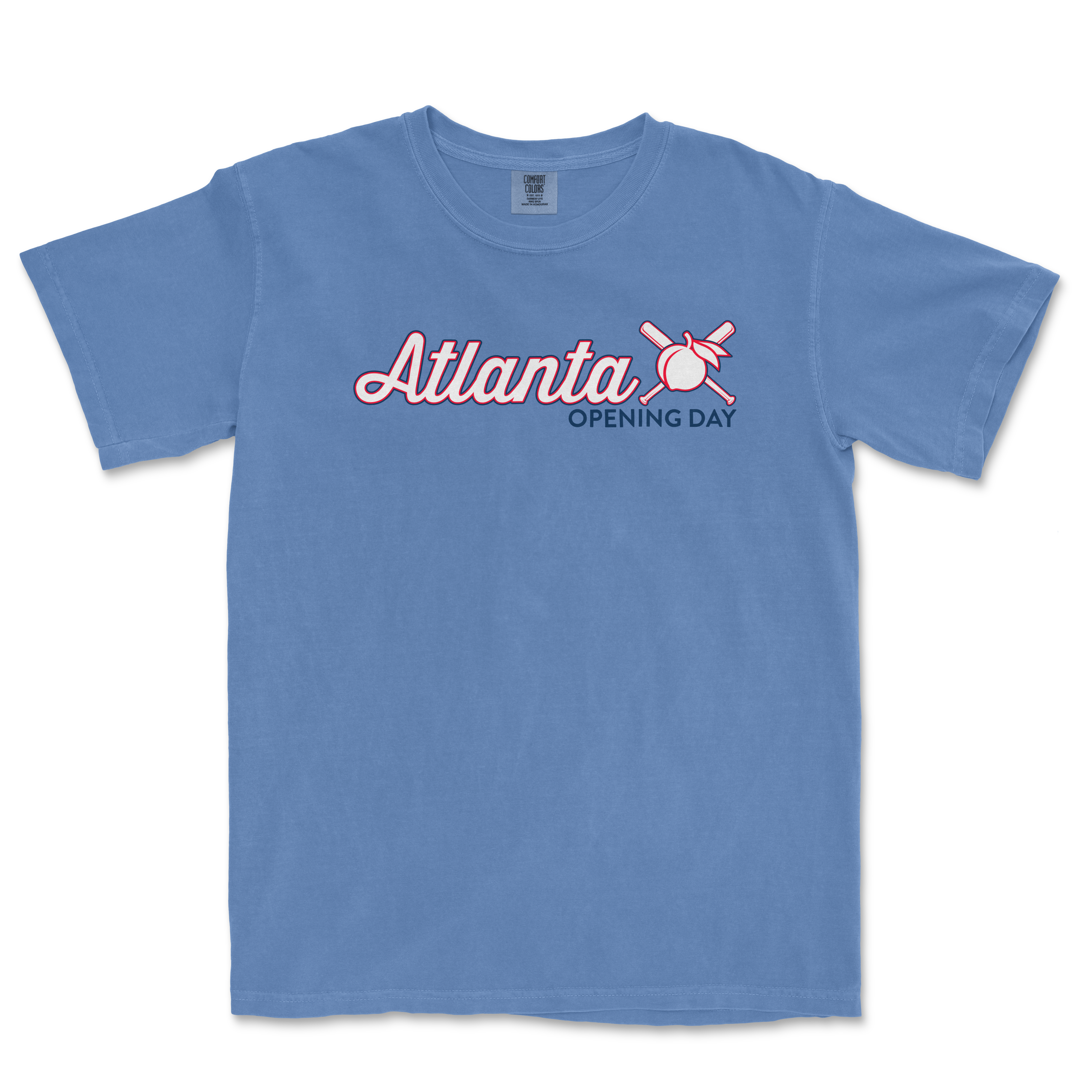 Blue Comfort Colors T-shirt featuring "Atlanta Opening Day '25" text with a baseball, bat, and crossed sticks graphic.