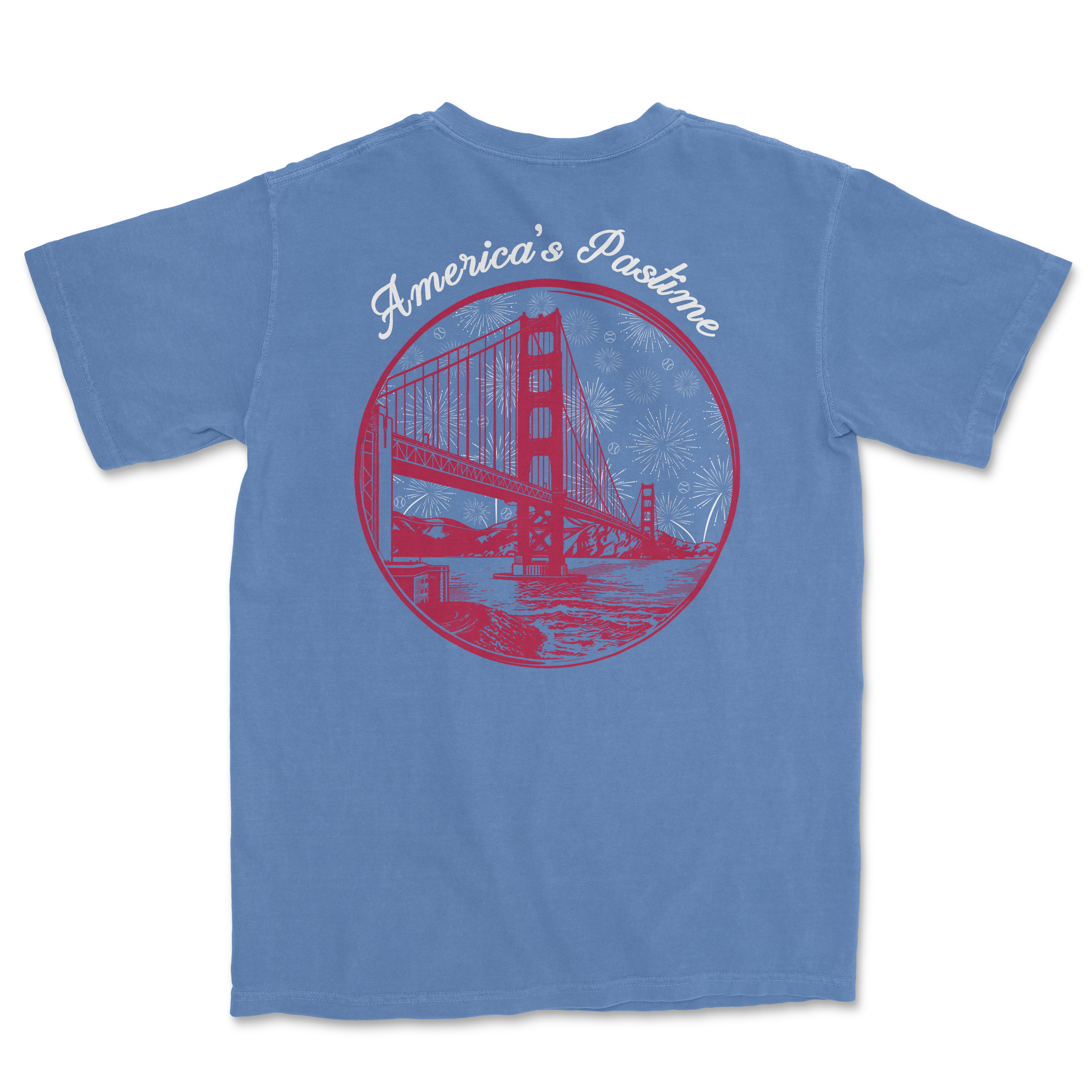 Blue t-shirt featuring a graphic of the Golden Gate Bridge with the text "America's Pastime" and fireworks in the background.