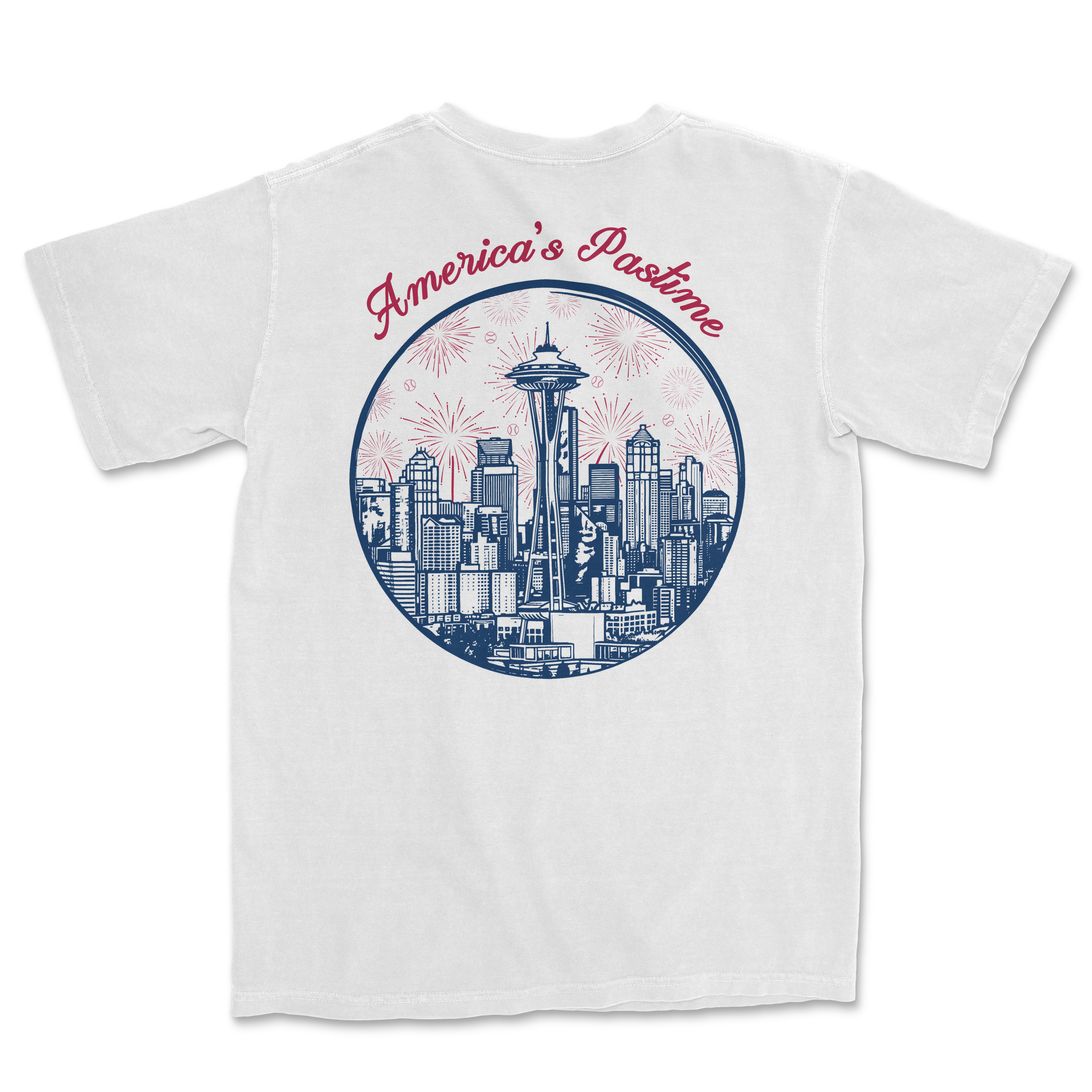 White t-shirt featuring a circular graphic of Seattle's skyline with "America's Pastime" text and fireworks design.
