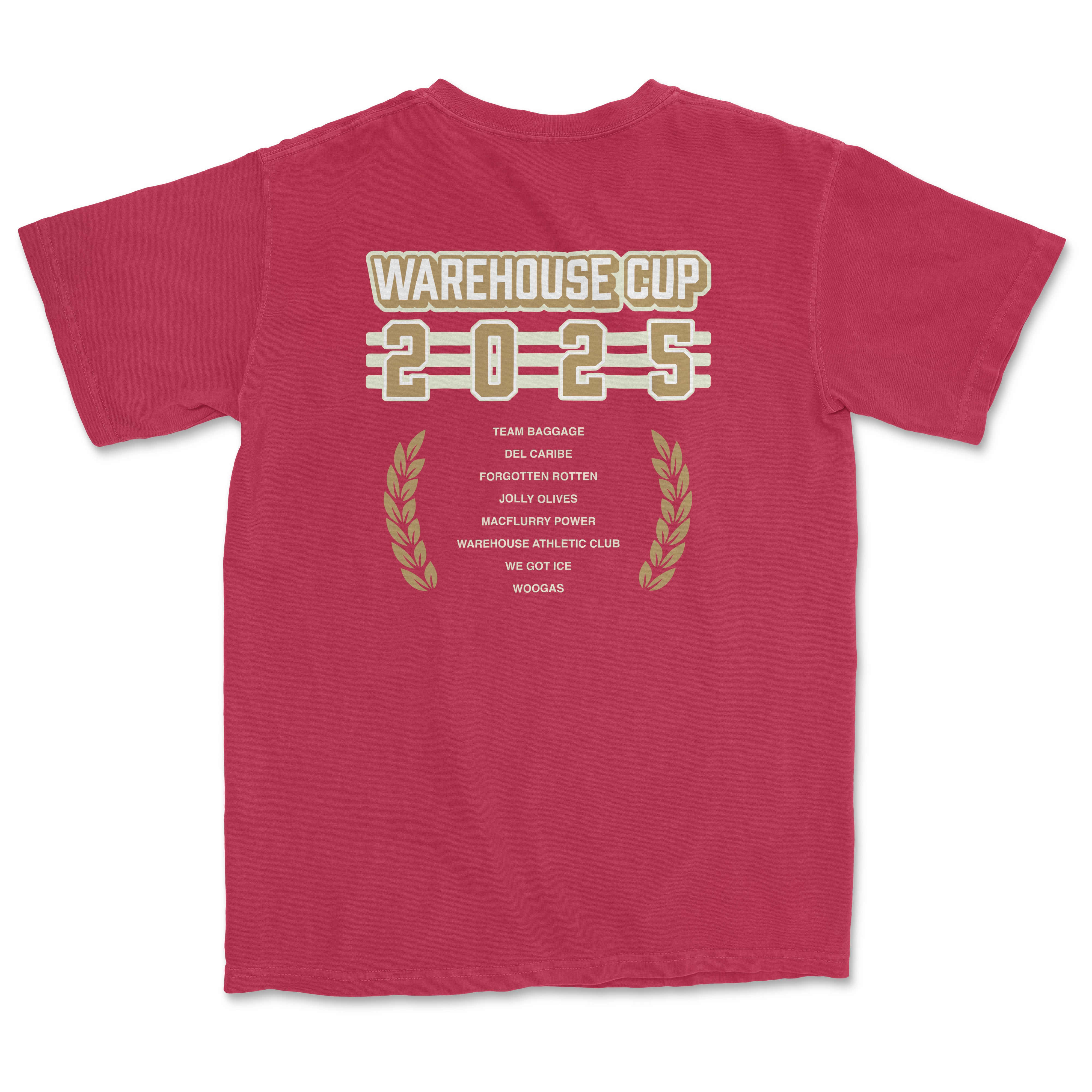 Back of a red Warehouse Athletic Club T-shirt with "Warehouse Cup 2025" text, team names, and laurel graphics.