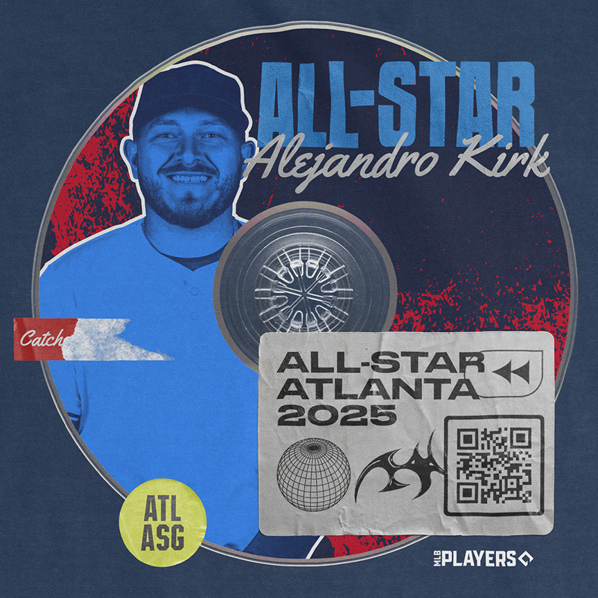 Alejandro Kirk All-Star 2025 graphic featuring a smiling player, baseball design, and event details for Atlanta.