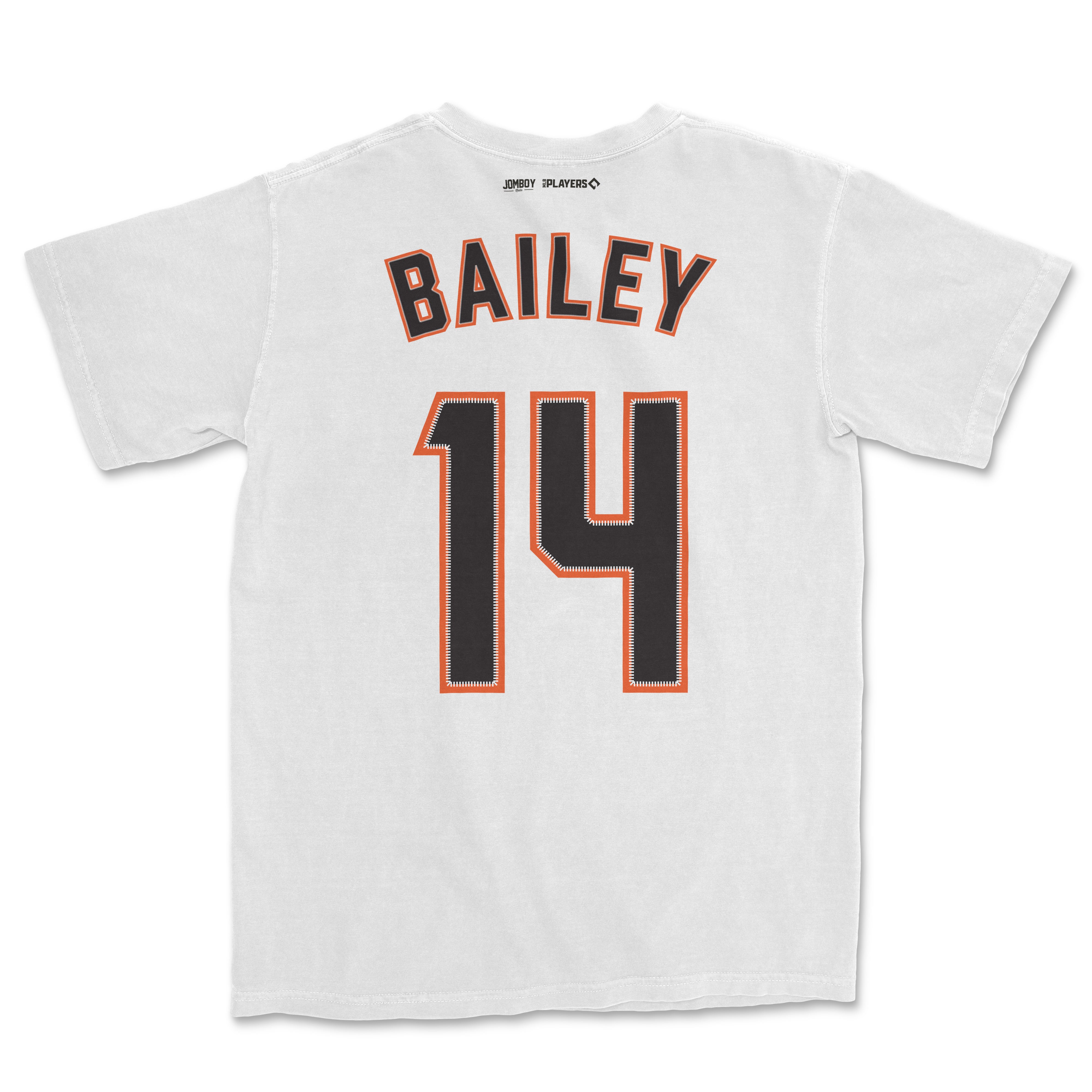 White Patrick Bailey baseball jersey featuring his name "BAILEY" and number "14" in black with orange outline on the back.