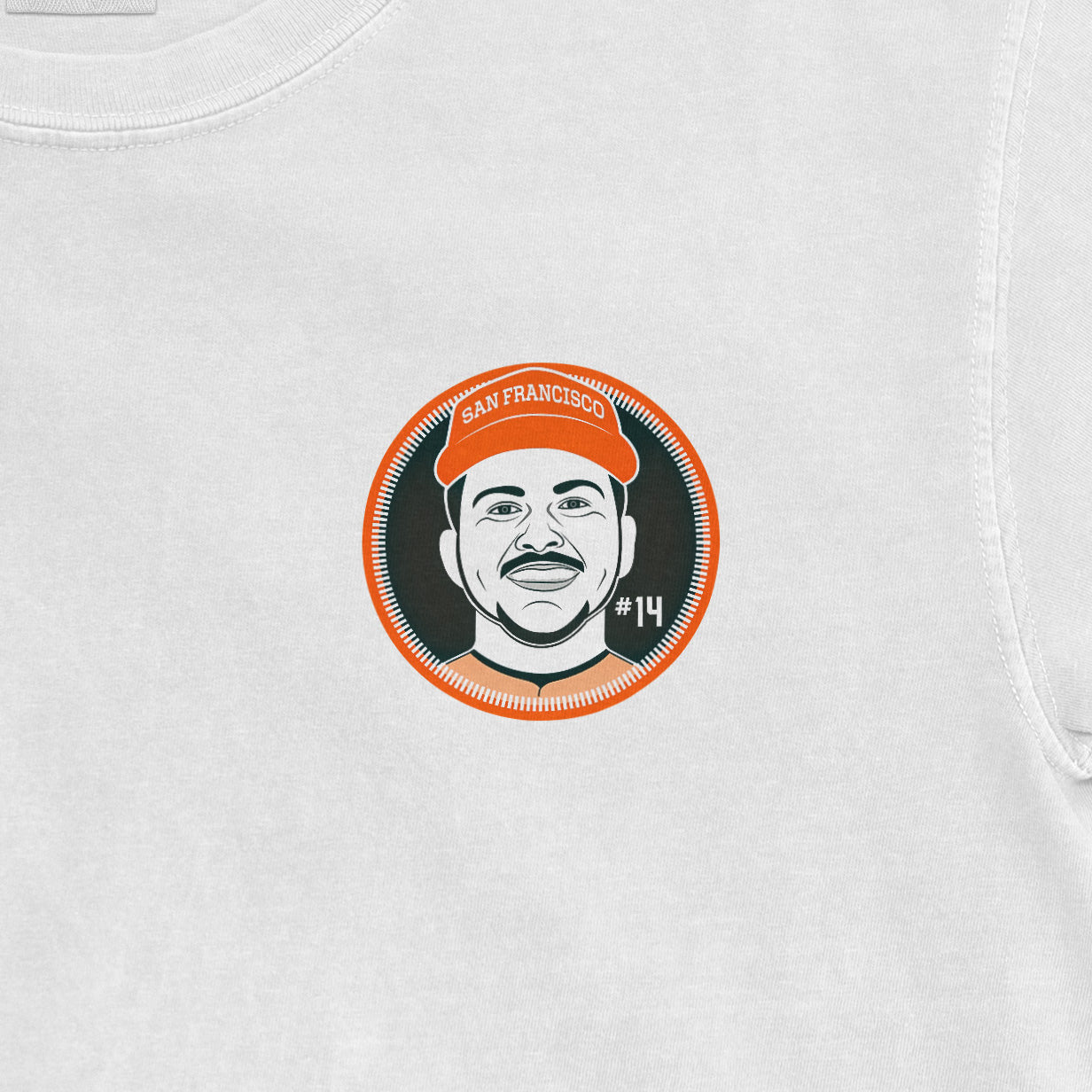 White Patrick Bailey Shirsey featuring a circular graphic of a man's face, "San Francisco" hat, and "#14" on a white background.