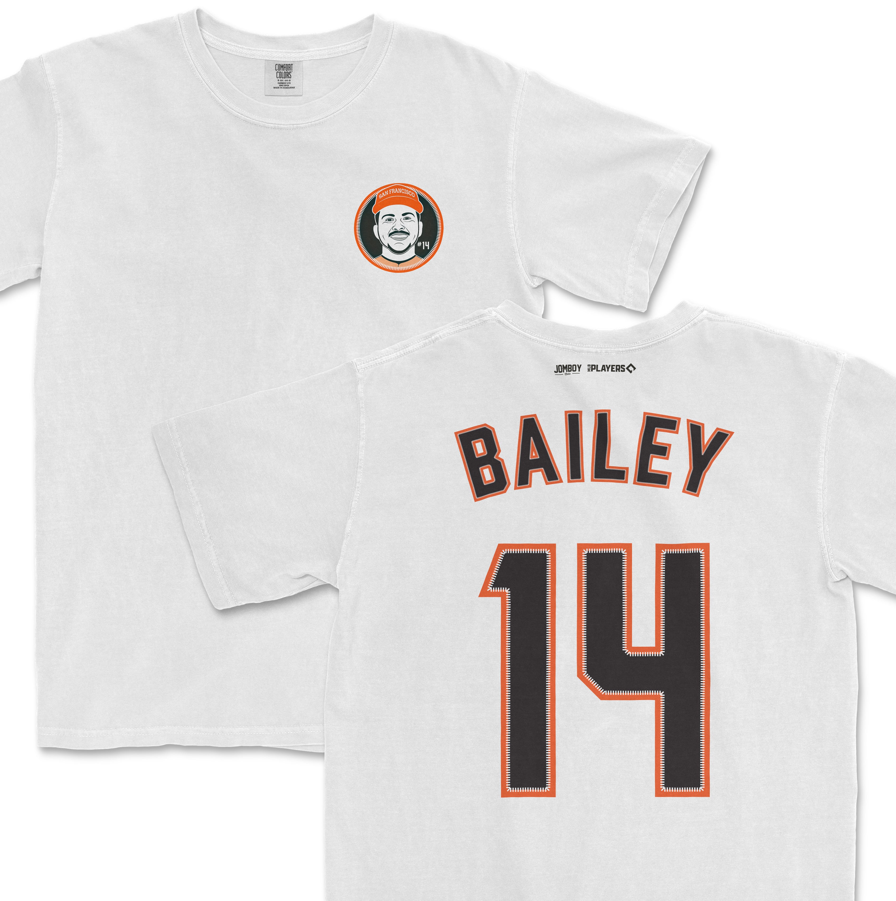 White Patrick Bailey baseball jersey with "BAILEY" and the number "14" printed on the back, and a small logo on the front chest.