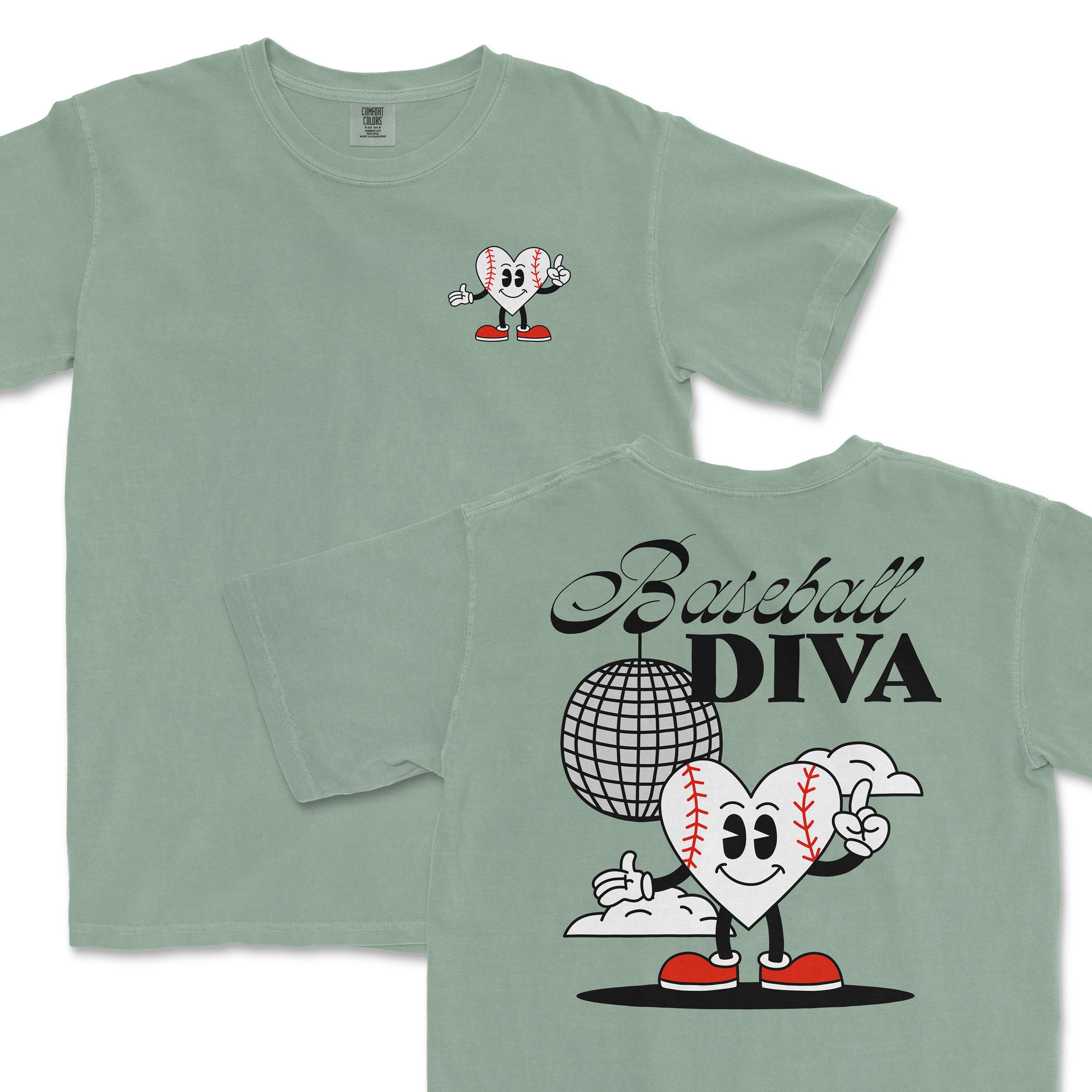 Green Comfort Colors T-shirt featuring a cute baseball heart character with sneakers, holding a finger to its head, and "Baseball Diva" text with a disco ball.