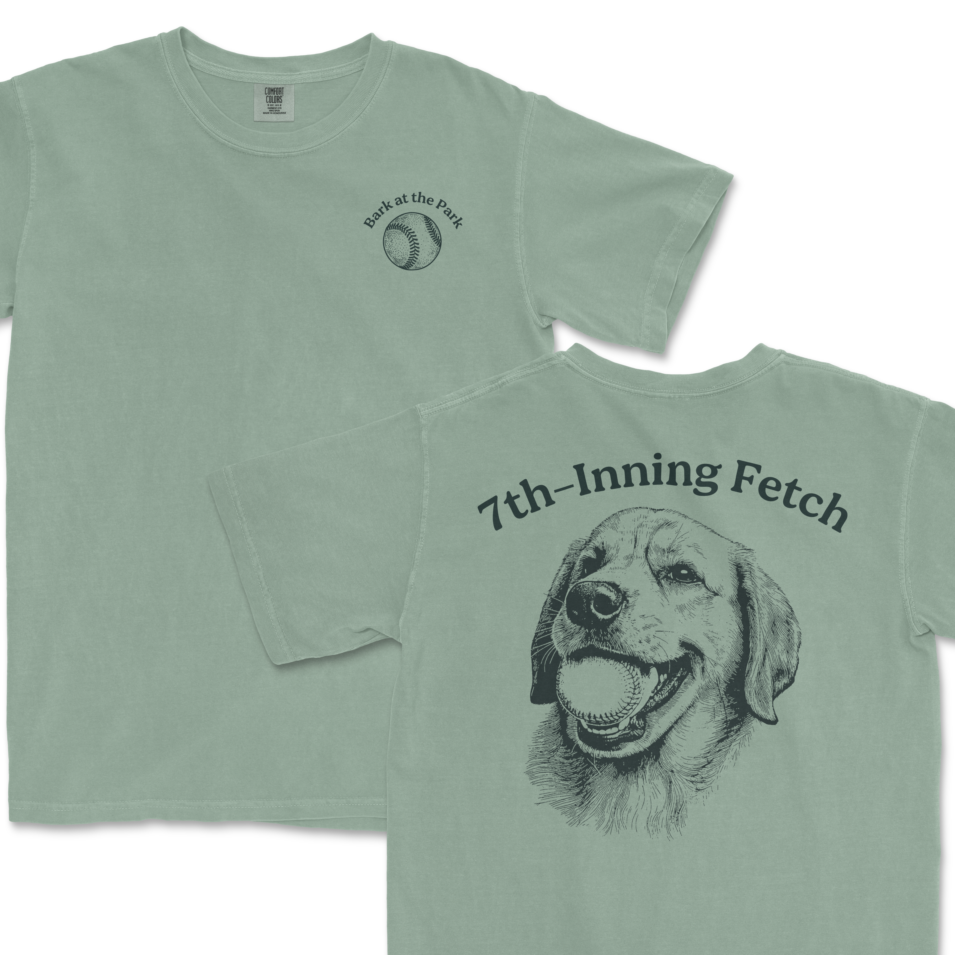 Light green Comfort Colors T-shirt featuring a "7th-Inning Fetch" design with a smiling golden retriever and a baseball graphic.