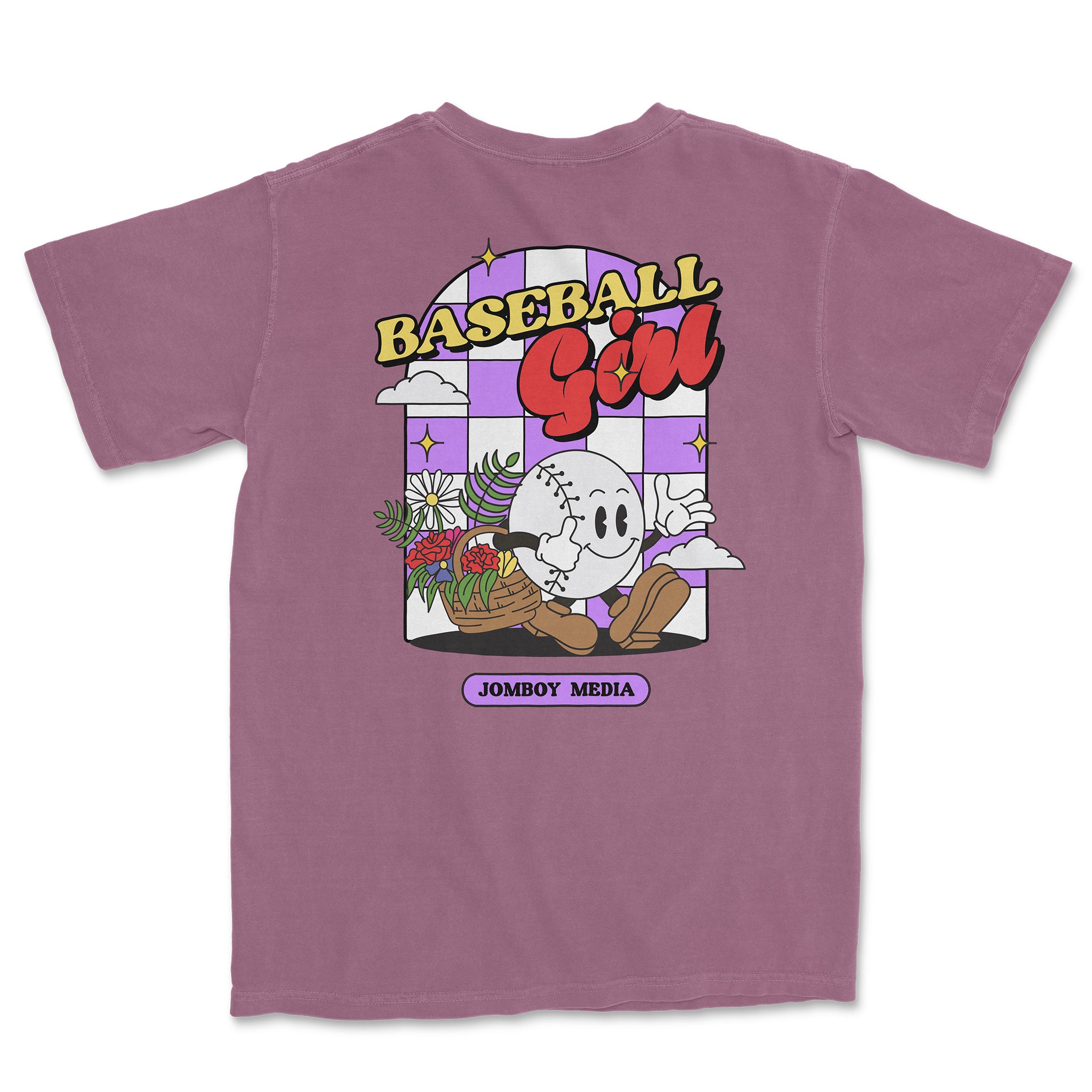 Comfort Colors tee featuring a colorful cartoon baseball girl graphic, flowers, clouds, and "Baseball Girl" text.