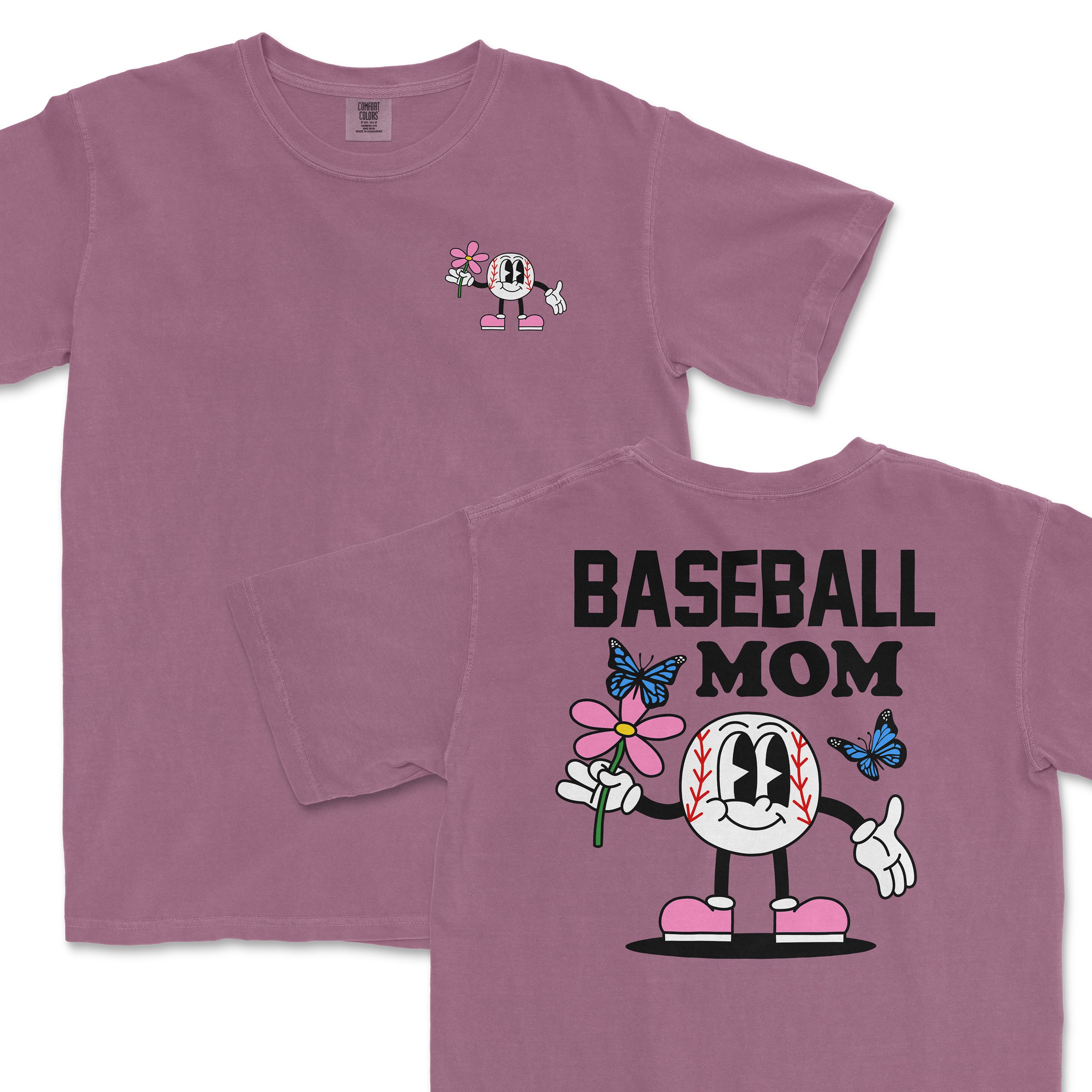 Pink Comfort Colors T-shirt with "Baseball Mom" text on the back, featuring a cartoon baseball character holding a flower and butterflies.