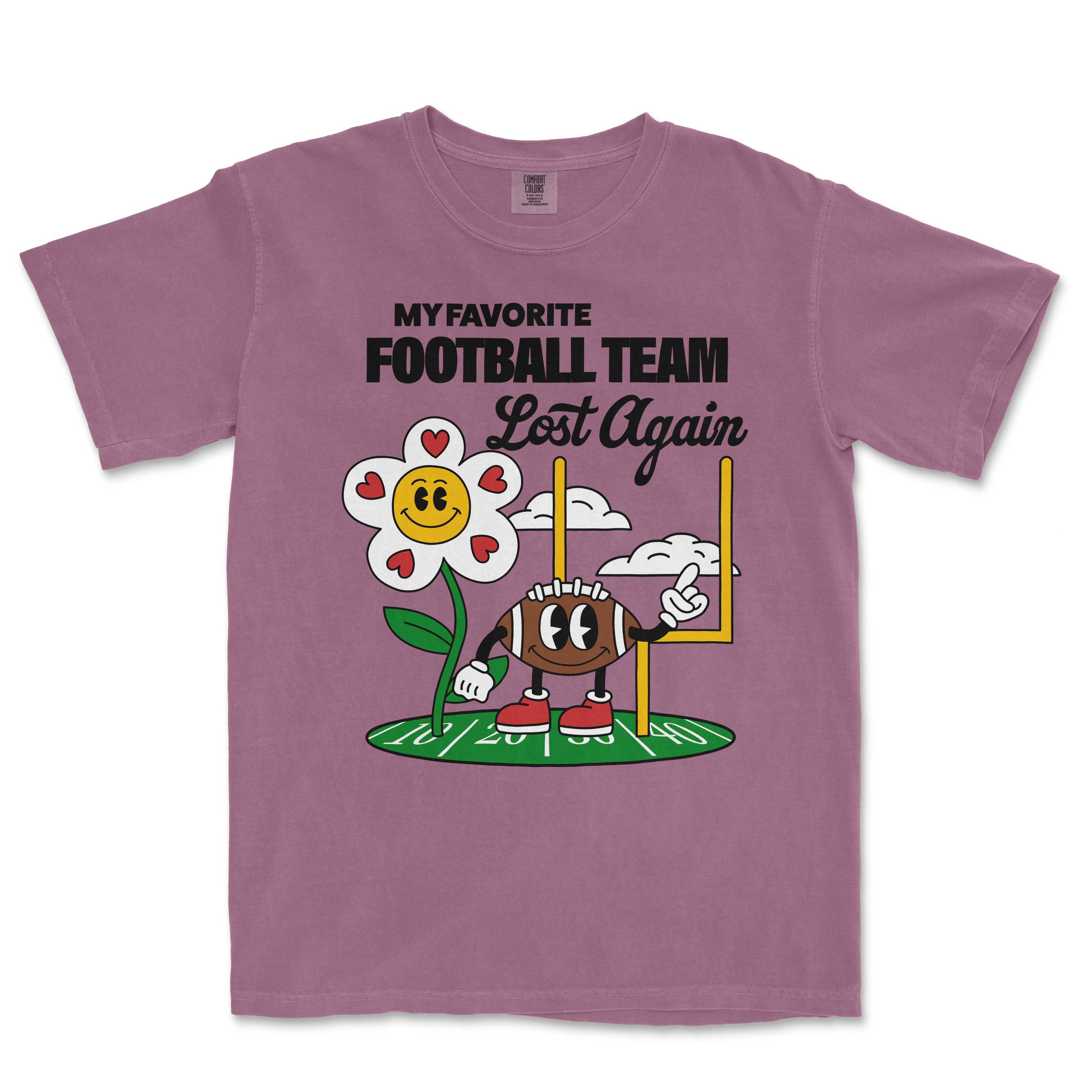 Purple Comfort Colors T-shirt with a cartoon flower and football character, featuring the text "My favorite football team lost again.