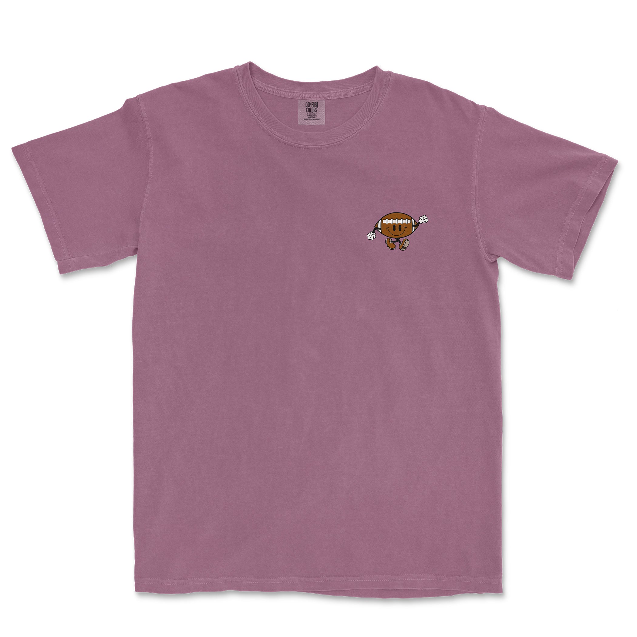 Comfort Colors tee featuring a small cartoon football girl graphic on the chest, in a soft purple color.