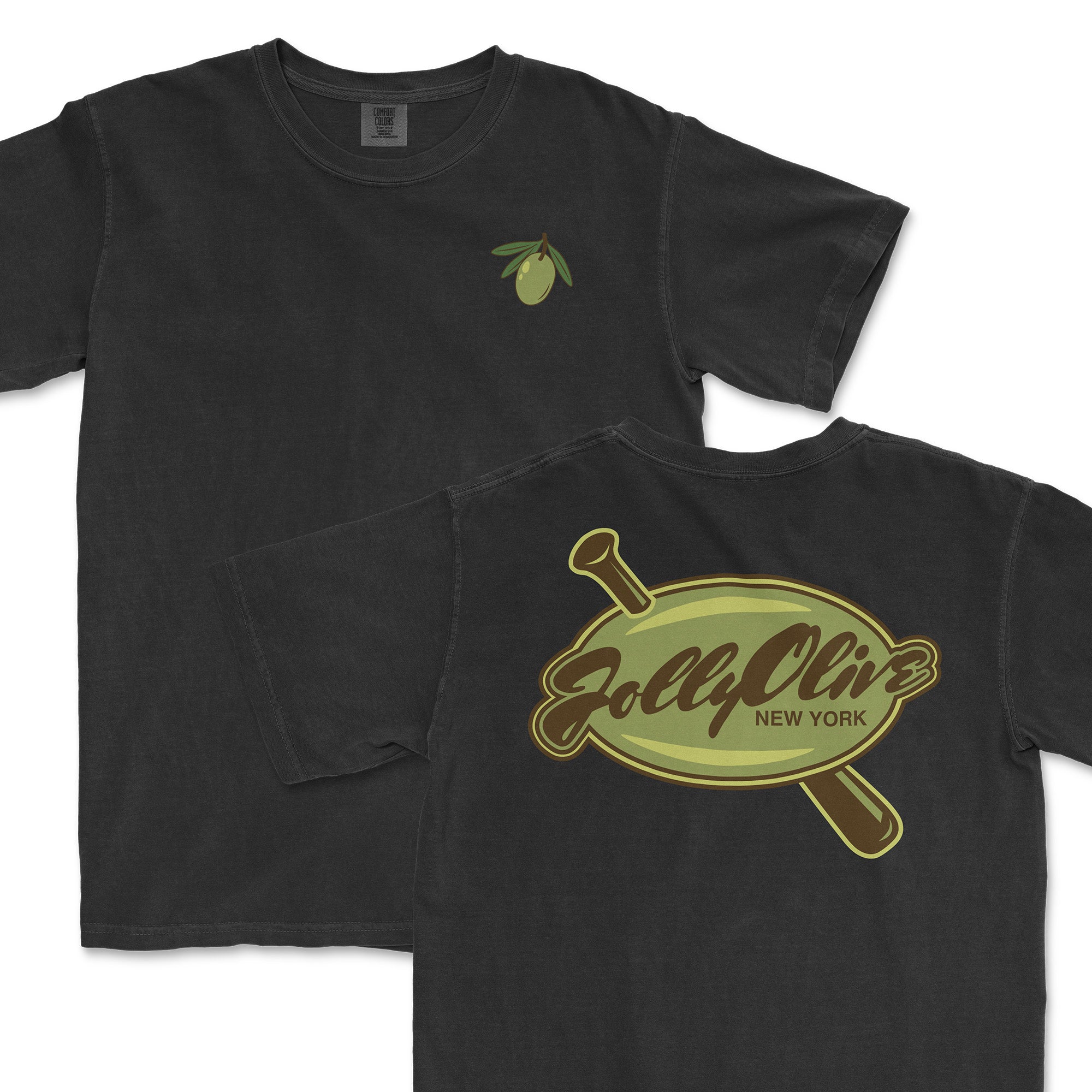 Black t-shirt featuring a small olive graphic on the front and a large Jolly Olive logo with a bat on the back.