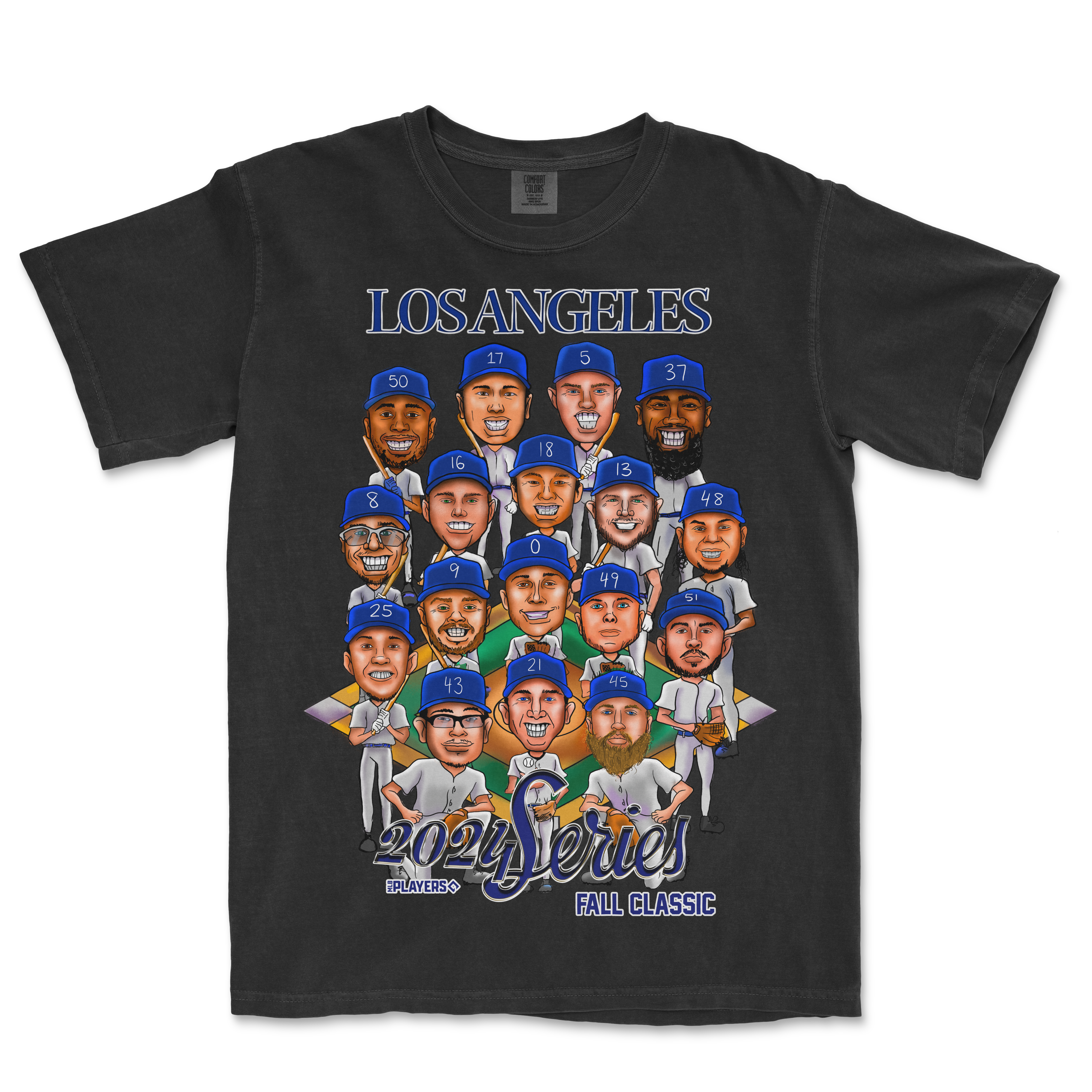 Colorful graphic T-shirt featuring cartoon-style caricatures of baseball players, "Los Angeles" and "2024 Series Fall Classic" text.