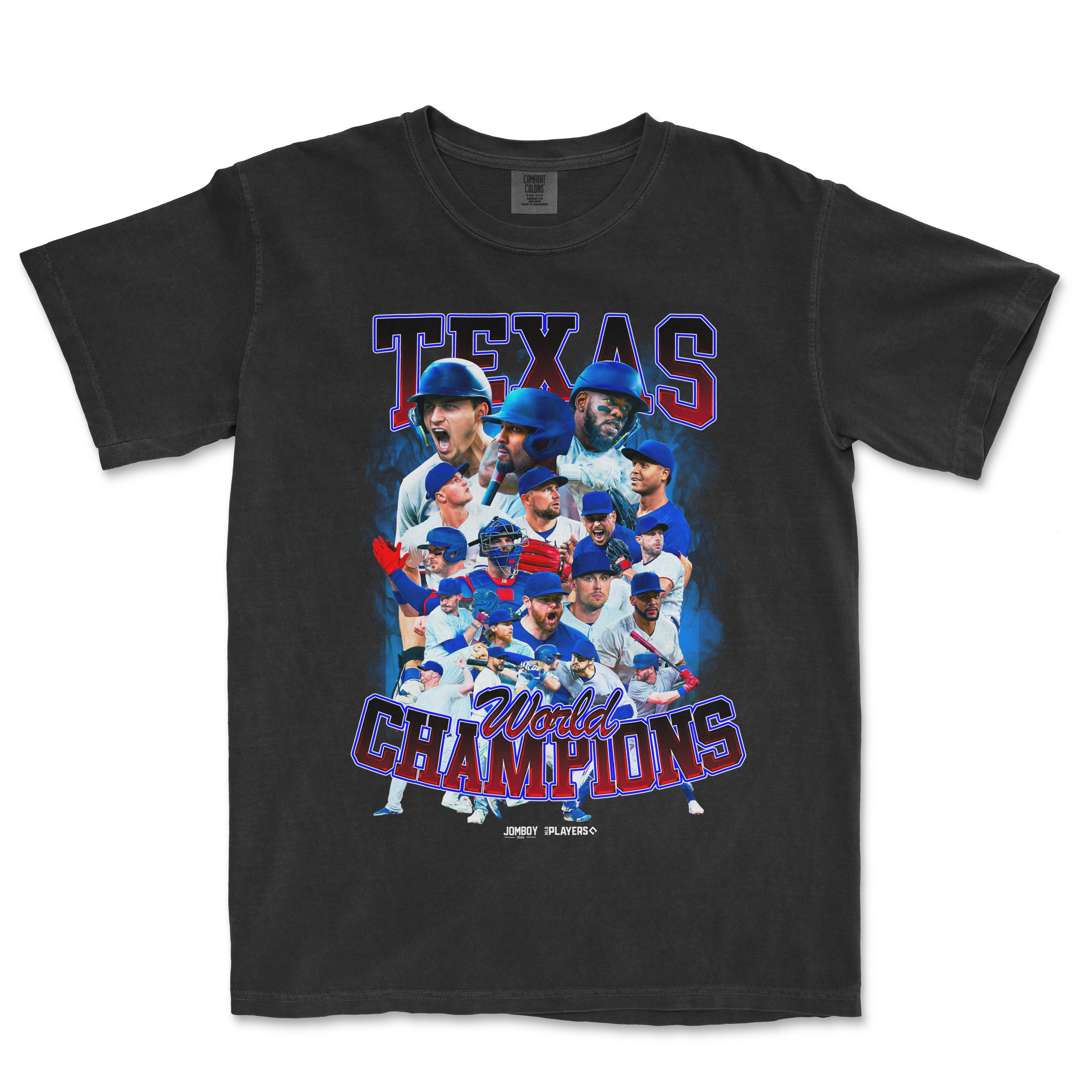 Black Comfort Colors T-shirt featuring a vibrant graphic of Texas baseball players with "Deep in the Heart of Champions" text.