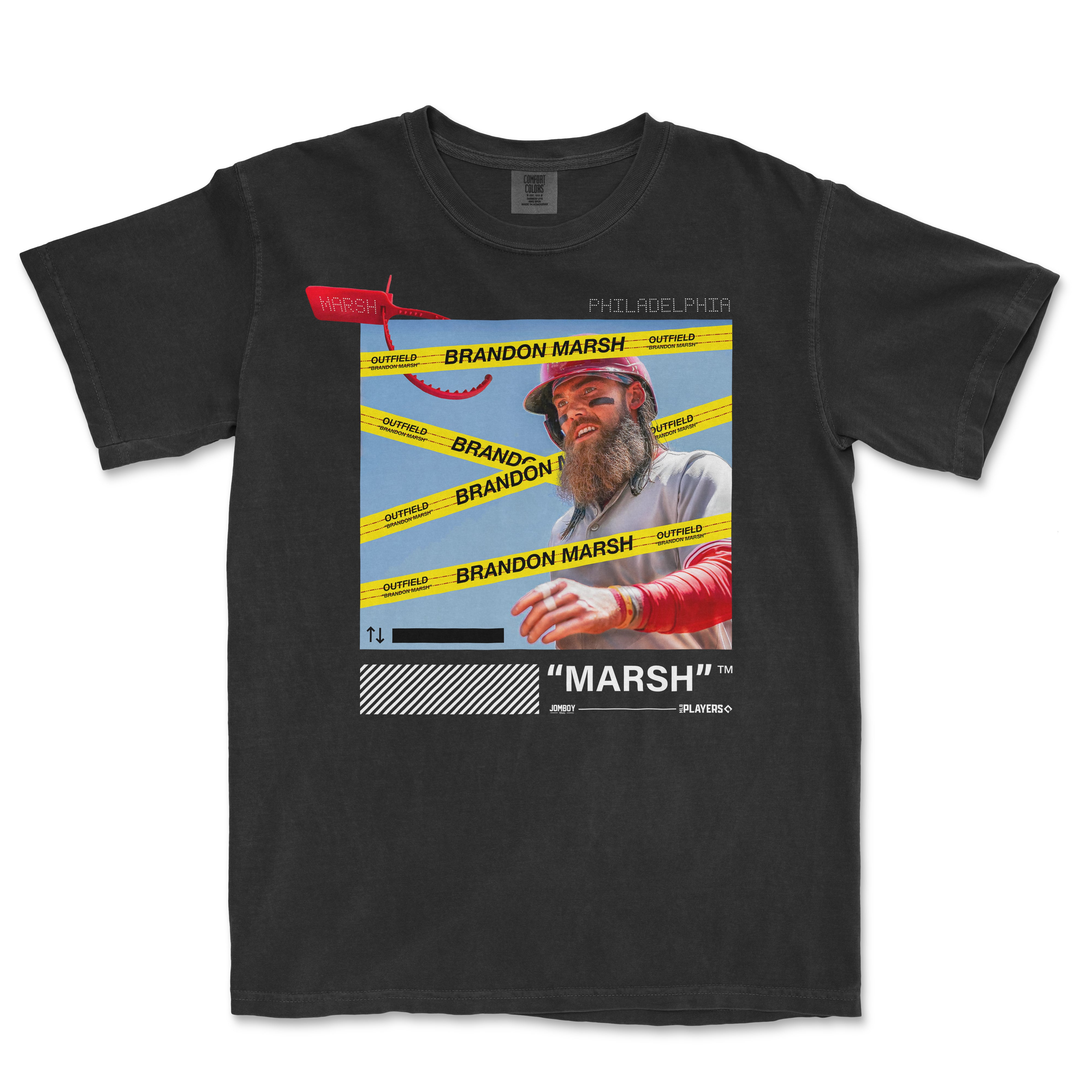 Black Comfort Colors tee featuring a graphic of Brandon Marsh with yellow "Outfield" tape, red accents, and text elements.
