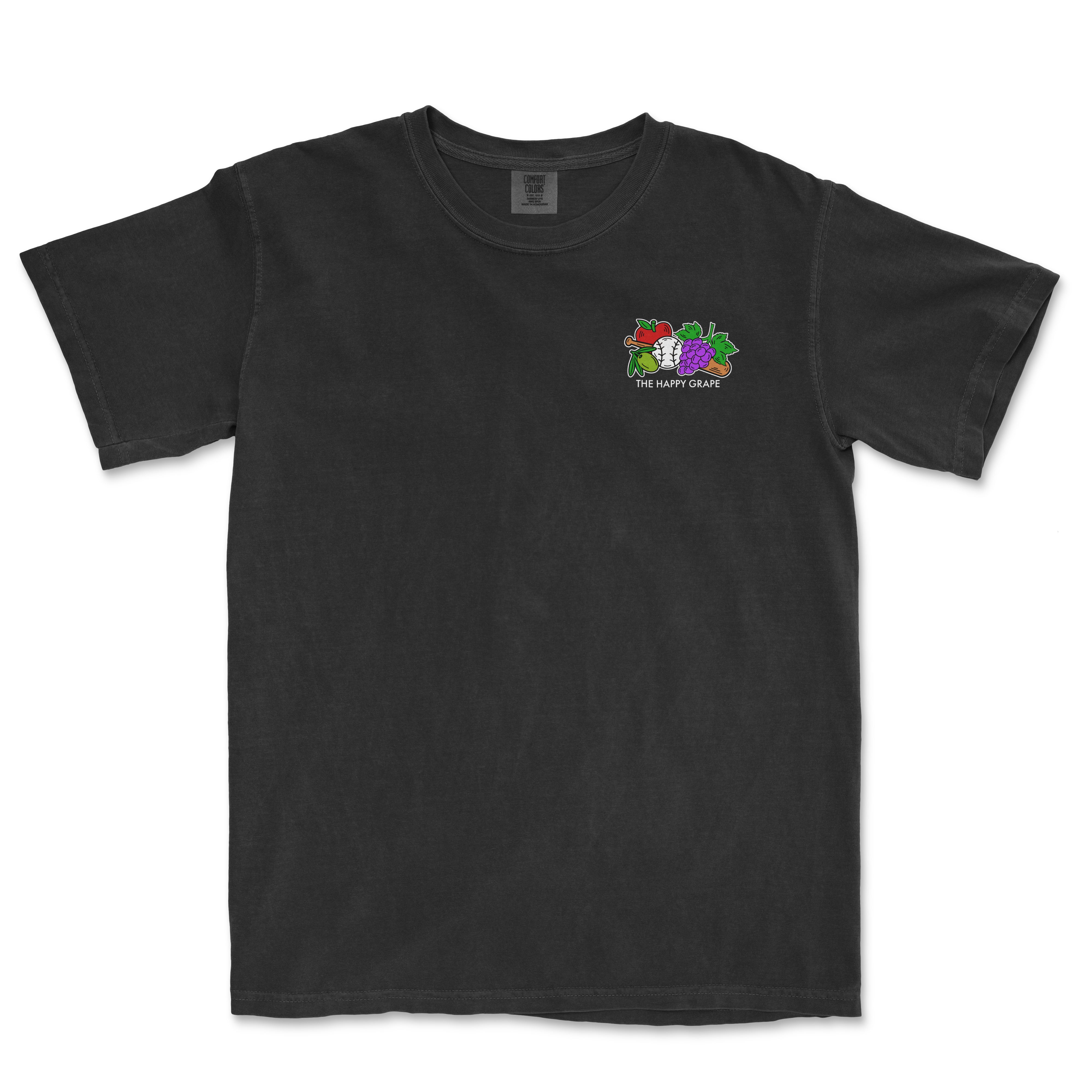 Black t-shirt featuring a colorful embroidered design of grapes and olives from The Jolly Olive Collection.