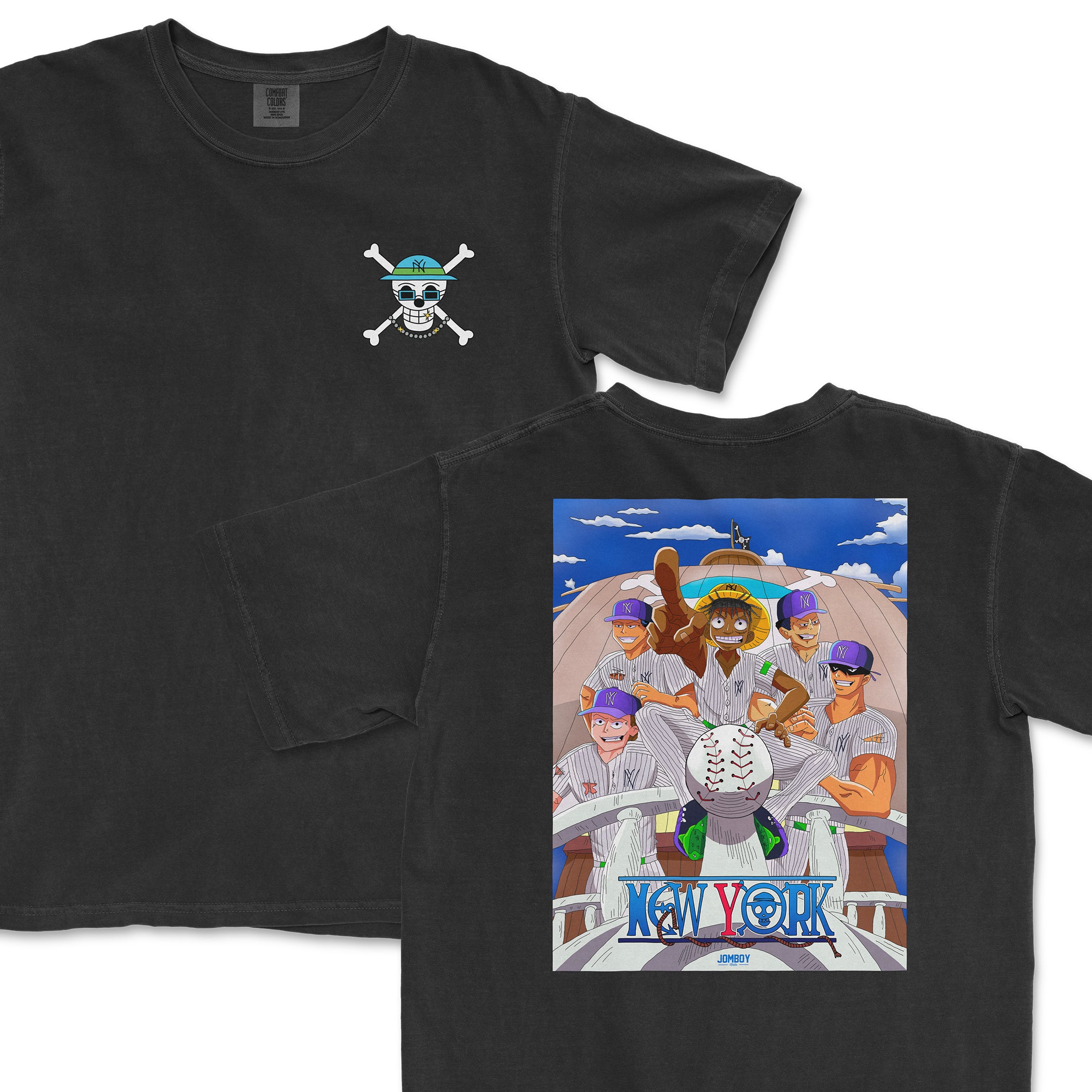 Black Comfort Colors tee featuring a "One Piece" anime design with characters in baseball uniforms and "New York" text.