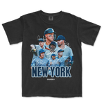 Black Comfort Colors tee featuring a New York Yankees graphic with multiple signed players and "NEW YORK" text.