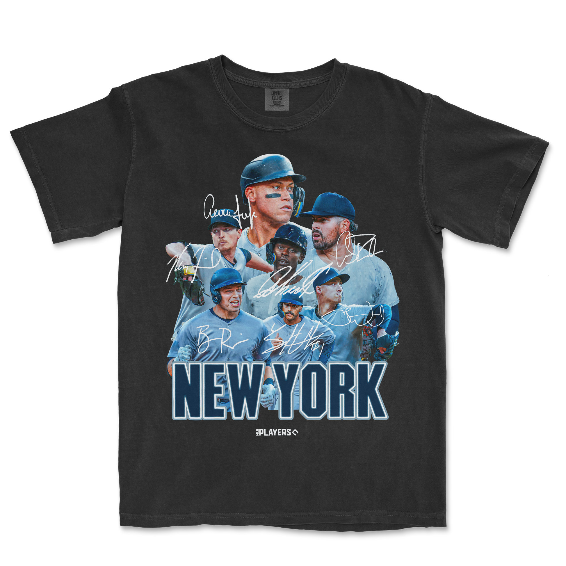Black Comfort Colors tee featuring a New York Yankees graphic with multiple signed players and "NEW YORK" text.