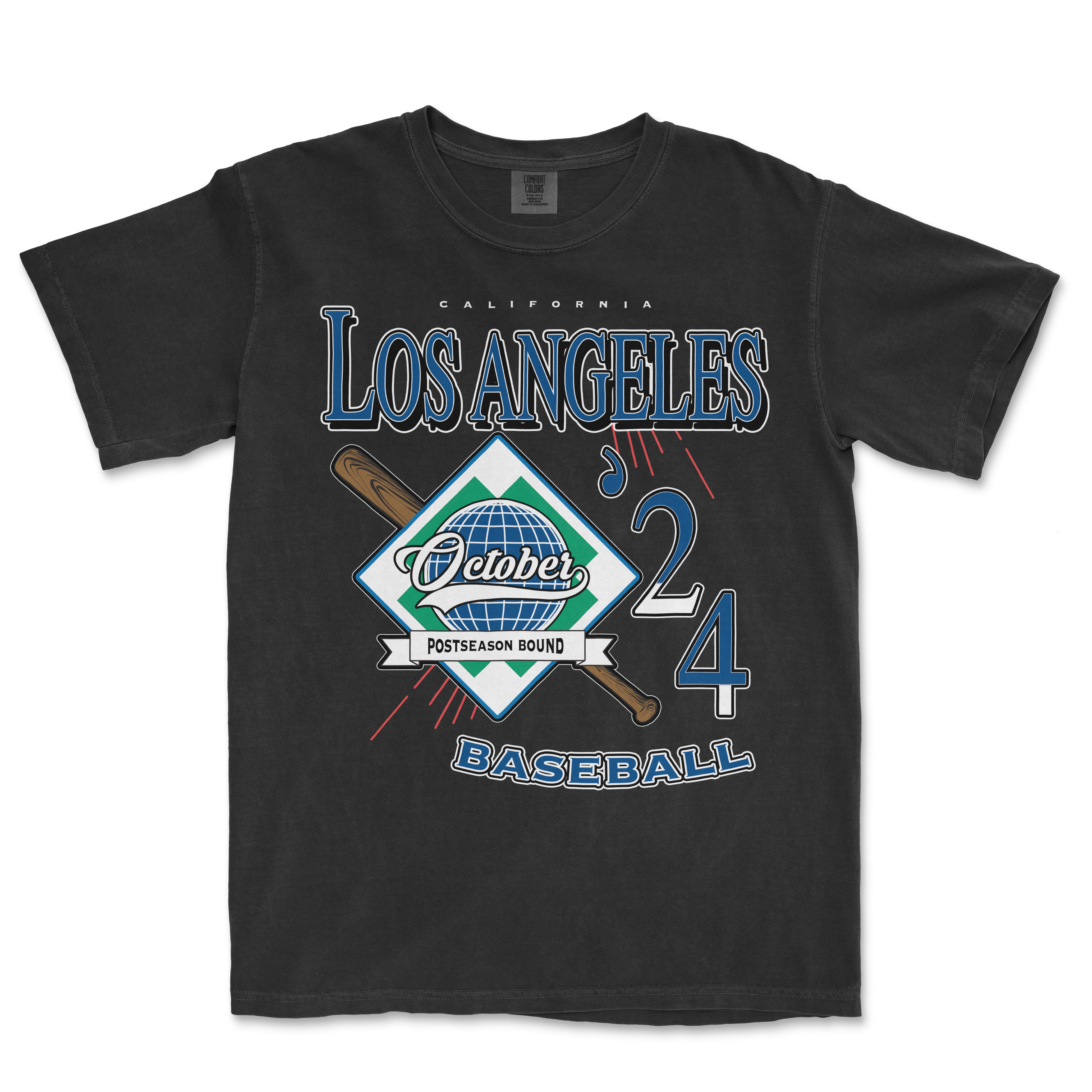 Black Comfort Colors T-shirt featuring a Los Angeles October 2024 baseball postseason design with a baseball bat and graphic elements.