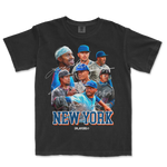 Black Comfort Colors T-shirt featuring a collage of New York Yankees players with autographs and "NEW YORK" text at the bottom.