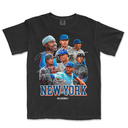 Black Comfort Colors T-shirt featuring a collage of New York Yankees players with autographs and "NEW YORK" text at the bottom.