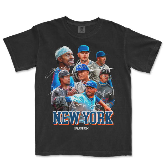 Black Comfort Colors T-shirt featuring a collage of New York Yankees players with autographs and "NEW YORK" text at the bottom.