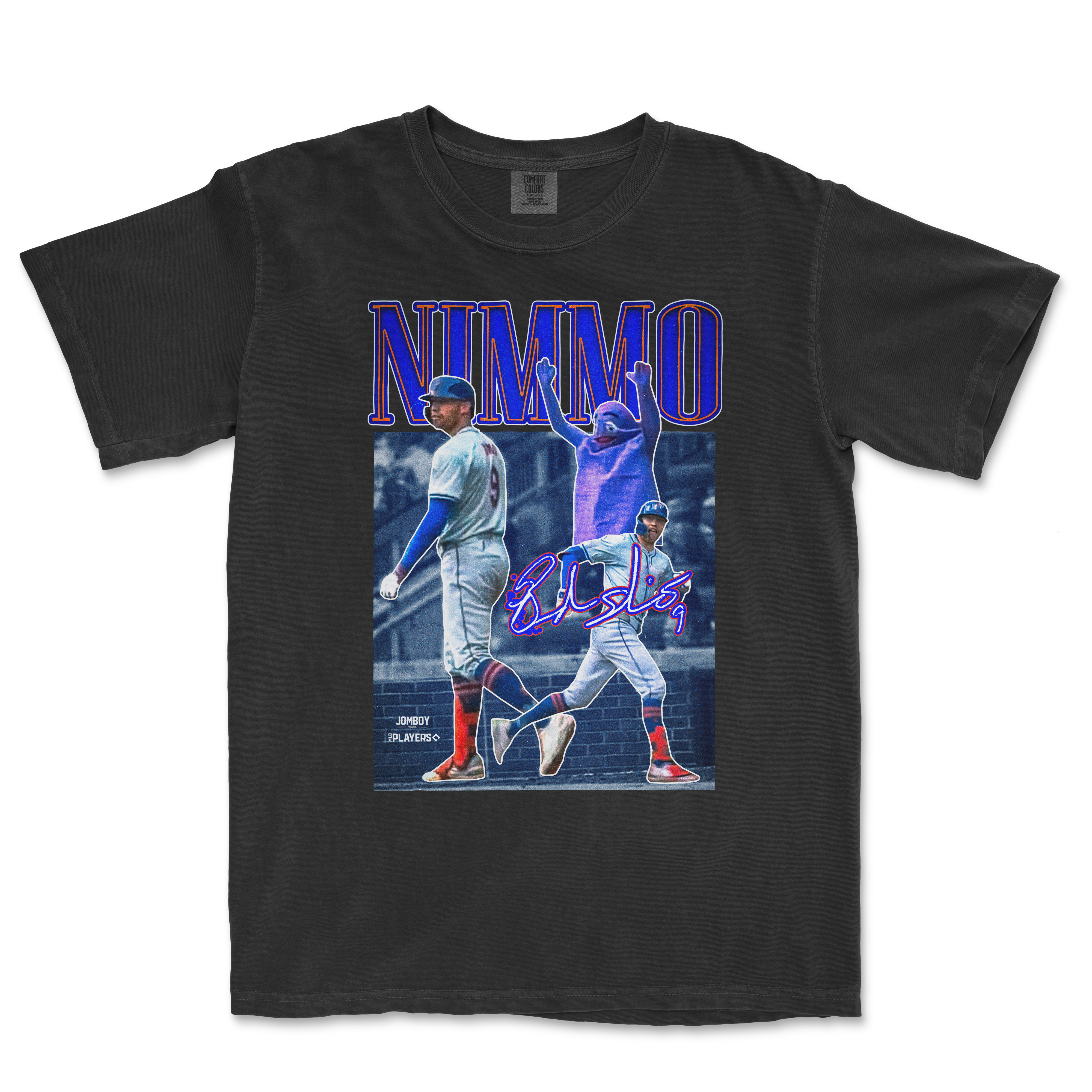 Black Comfort Colors® vintage tee featuring a graphic of Brandon Nimmo, a baseball player, with bold "NIMMO" text and signature.