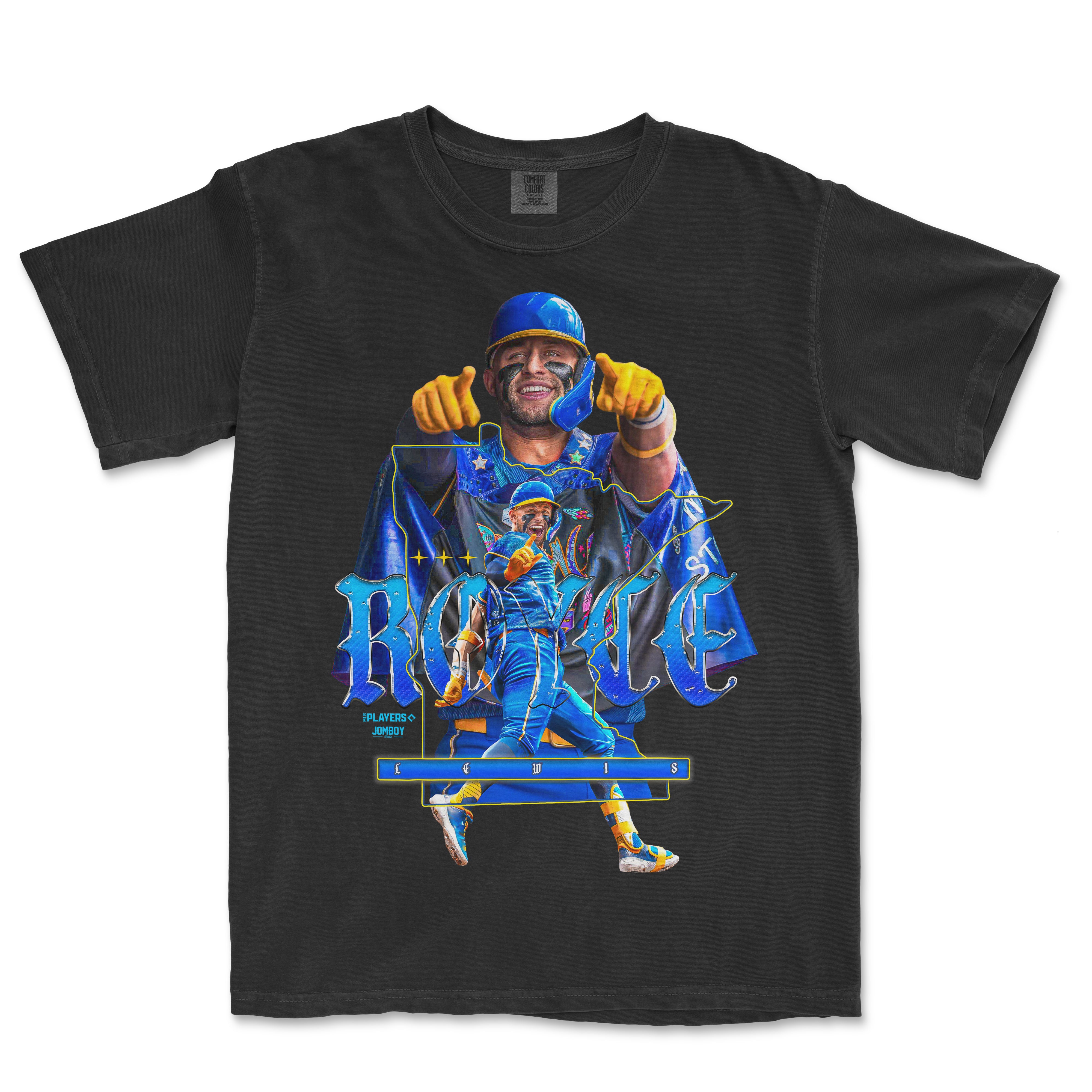 Black T-shirt featuring a colorful graphic of Royce Lewis in a baseball uniform, with bold text and dynamic design elements.