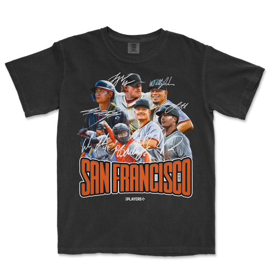 Black T-shirt featuring a collage of San Francisco Giants players with autographs, bold "SAN FRANCISCO" text, and "The Players" logo.