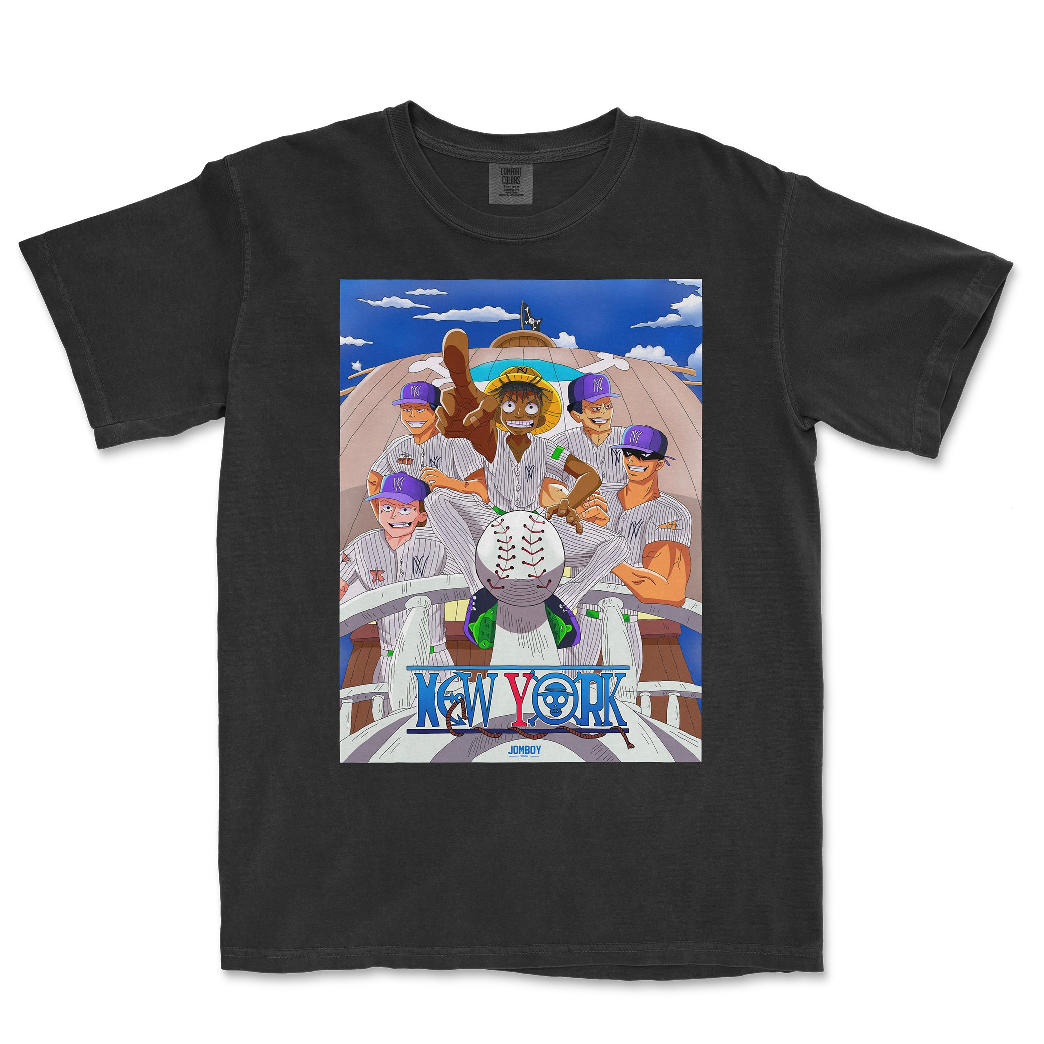 Comfort Colors tee featuring a colorful anime-style illustration of baseball players with "New York" text and a baseball theme.