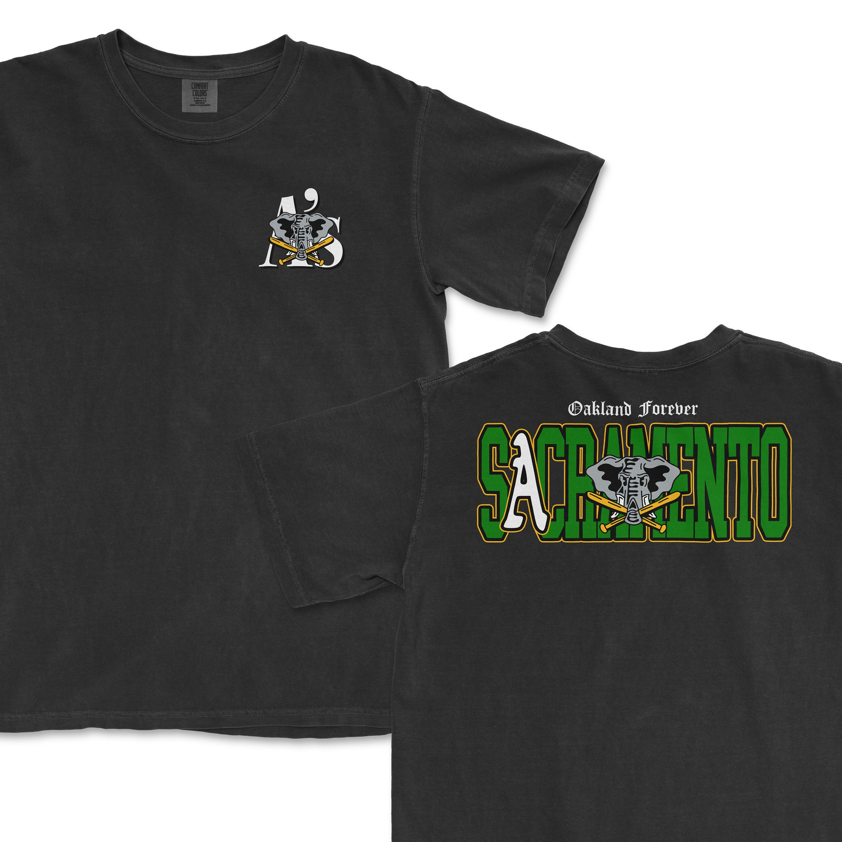 Black T-shirt with "Oakland Forever" text and a graphic of an elephant with crossed hockey sticks, featuring green and yellow accents.
