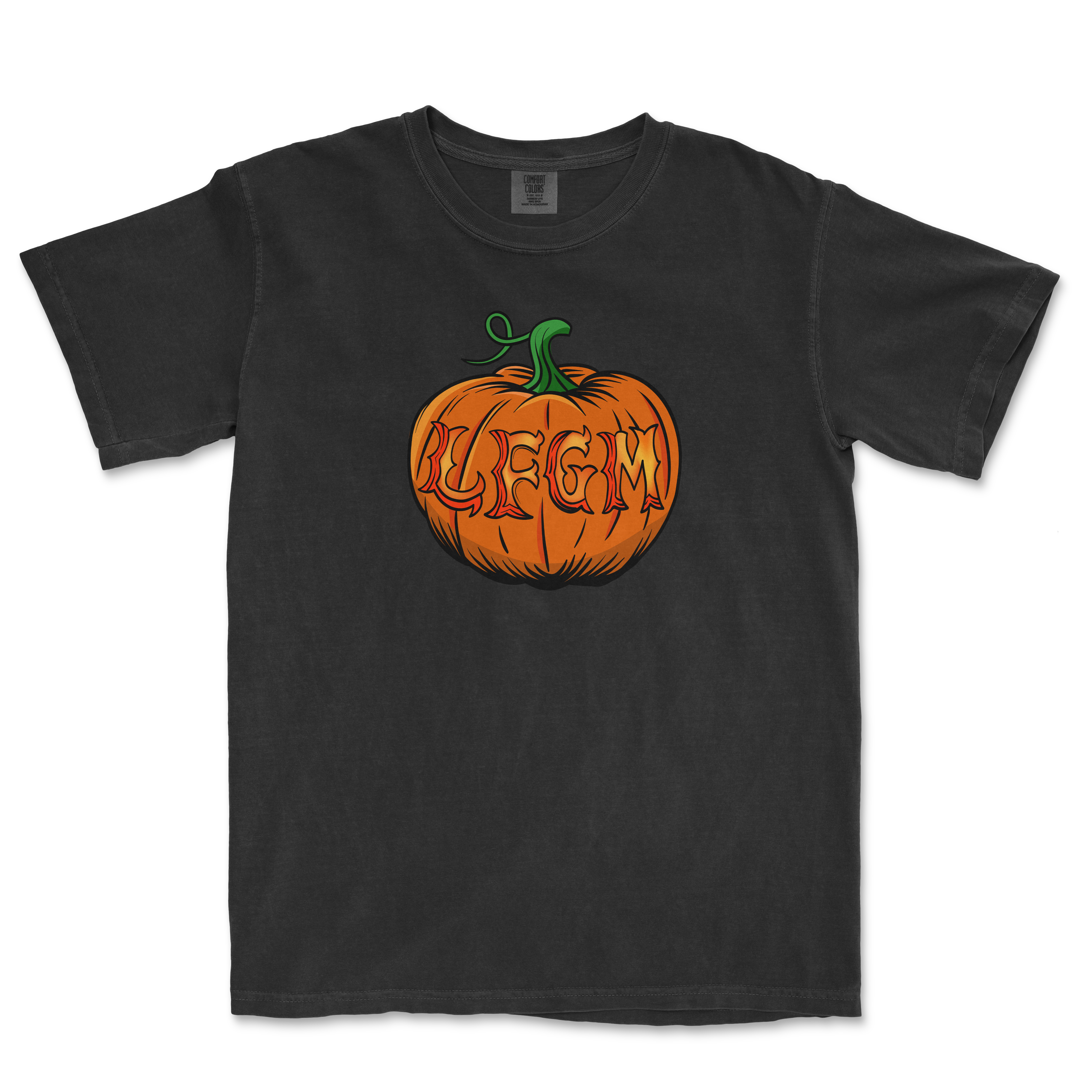 Black T-shirt featuring a carved pumpkin with "LEGM" written inside, green stem, and Halloween-themed design.