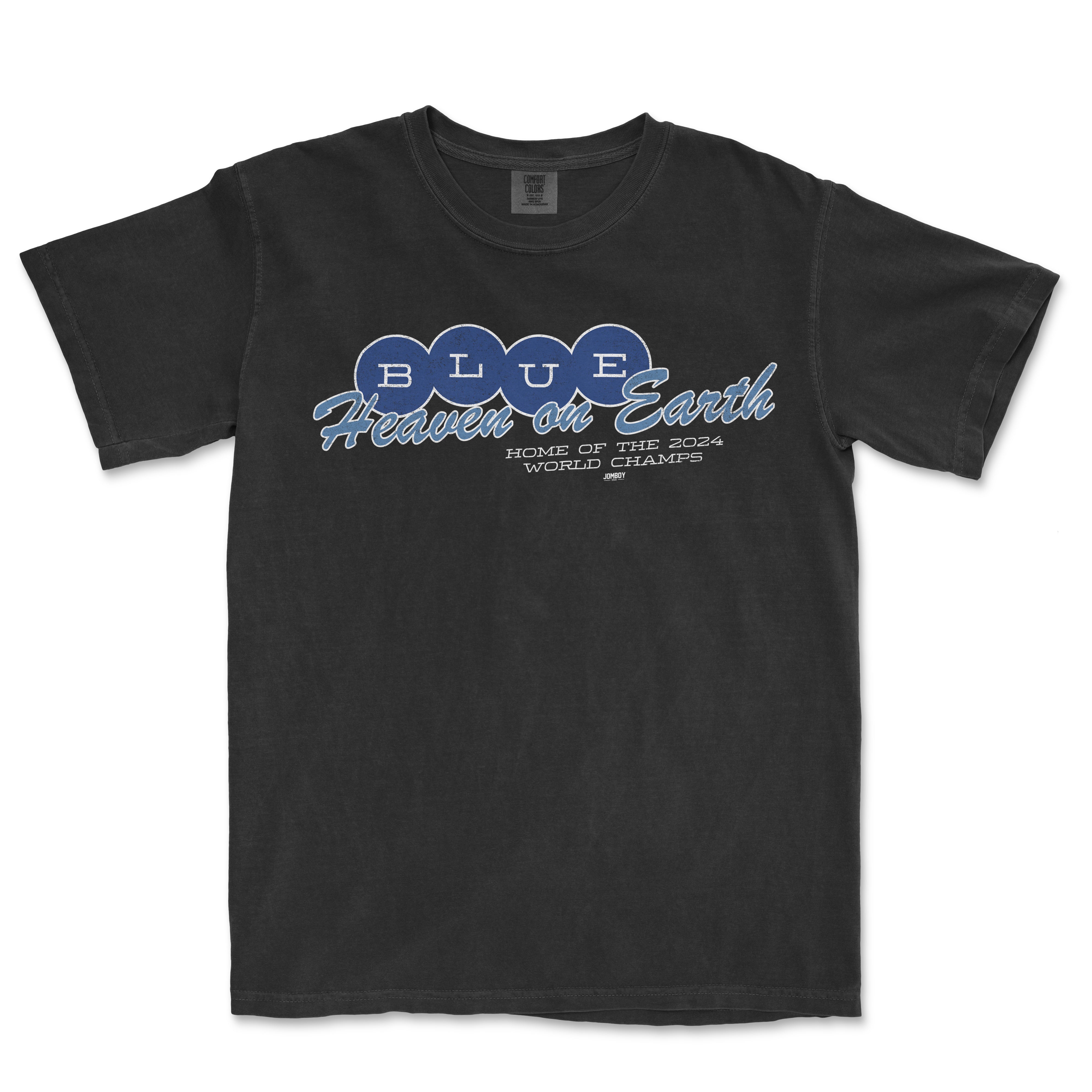 Black vintage tee with "Blue Heaven on Earth" and "Home of the 2024 World Champs" text in blue and white, Comfort Colors® brand.