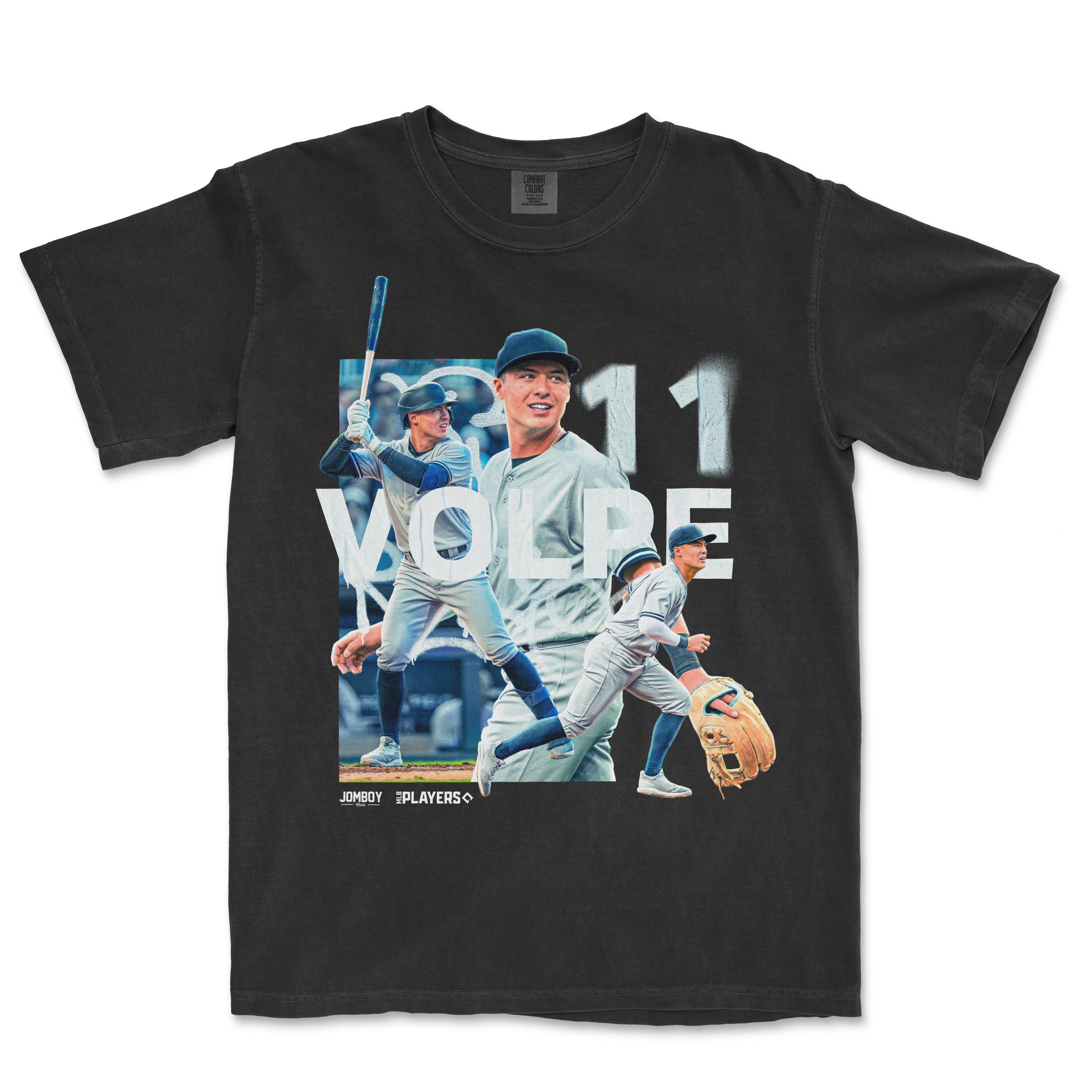 Black Comfort Colors T-shirt featuring multiple images of Anthony Volpe in baseball action and portrait, with "2023" and "VOLPE" text.