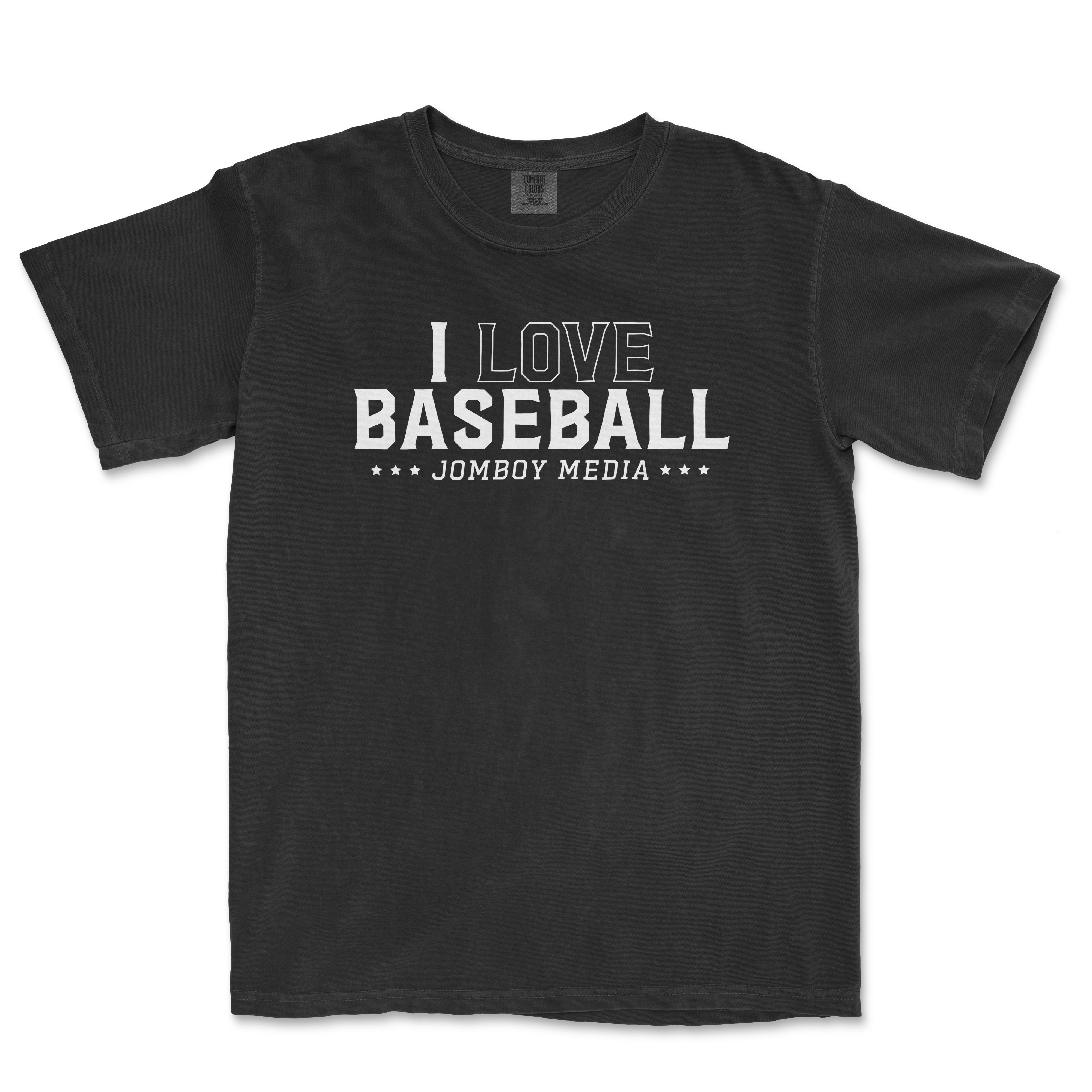 Black vintage Comfort Colors® T-shirt with white "I Love Baseball" and "Jombo Media" text and star accents.