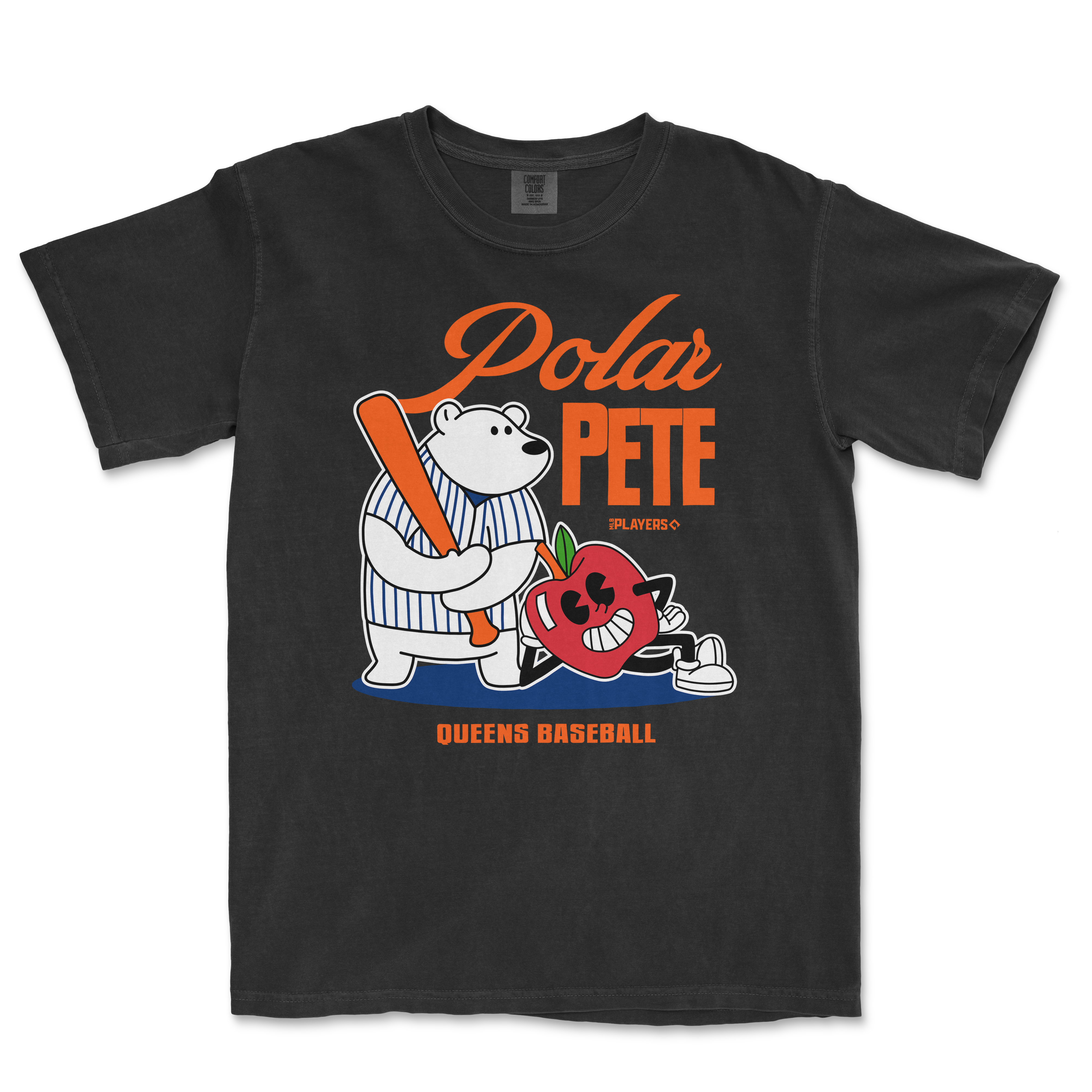 Pete Alonso Summer Cartoon t-shirt featuring a cartoon polar bear and a strawberry character, promoting Queens Baseball.