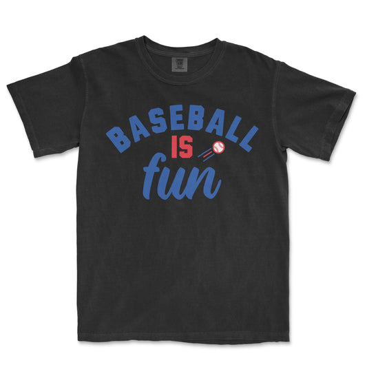 Black vintage Comfort Colors® tee with blue and red text that reads "Baseball is fun" and features a small baseball graphic.