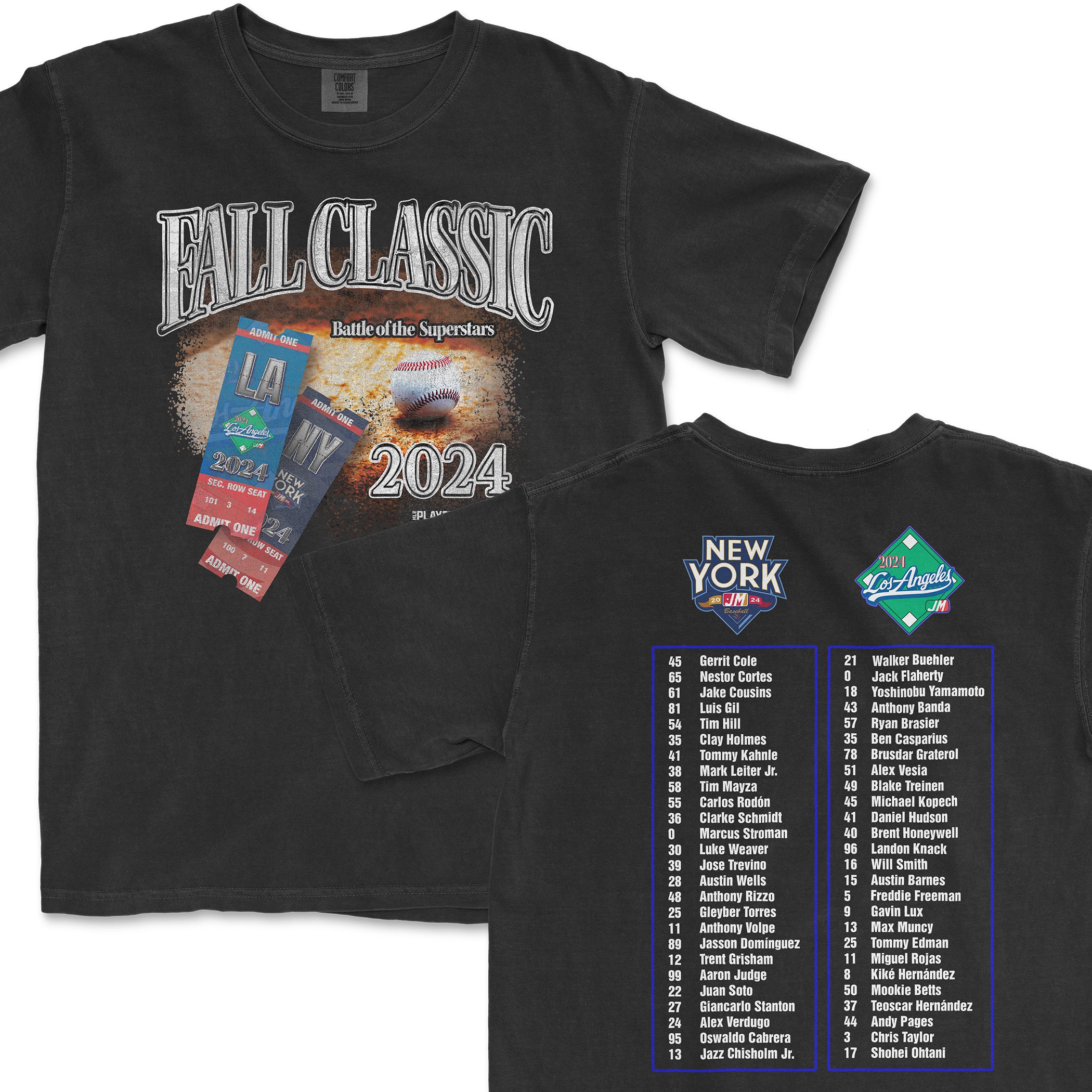 Black T-shirt featuring "Fall Classic" baseball theme, team tickets, and player rosters for New York and Los Angeles.