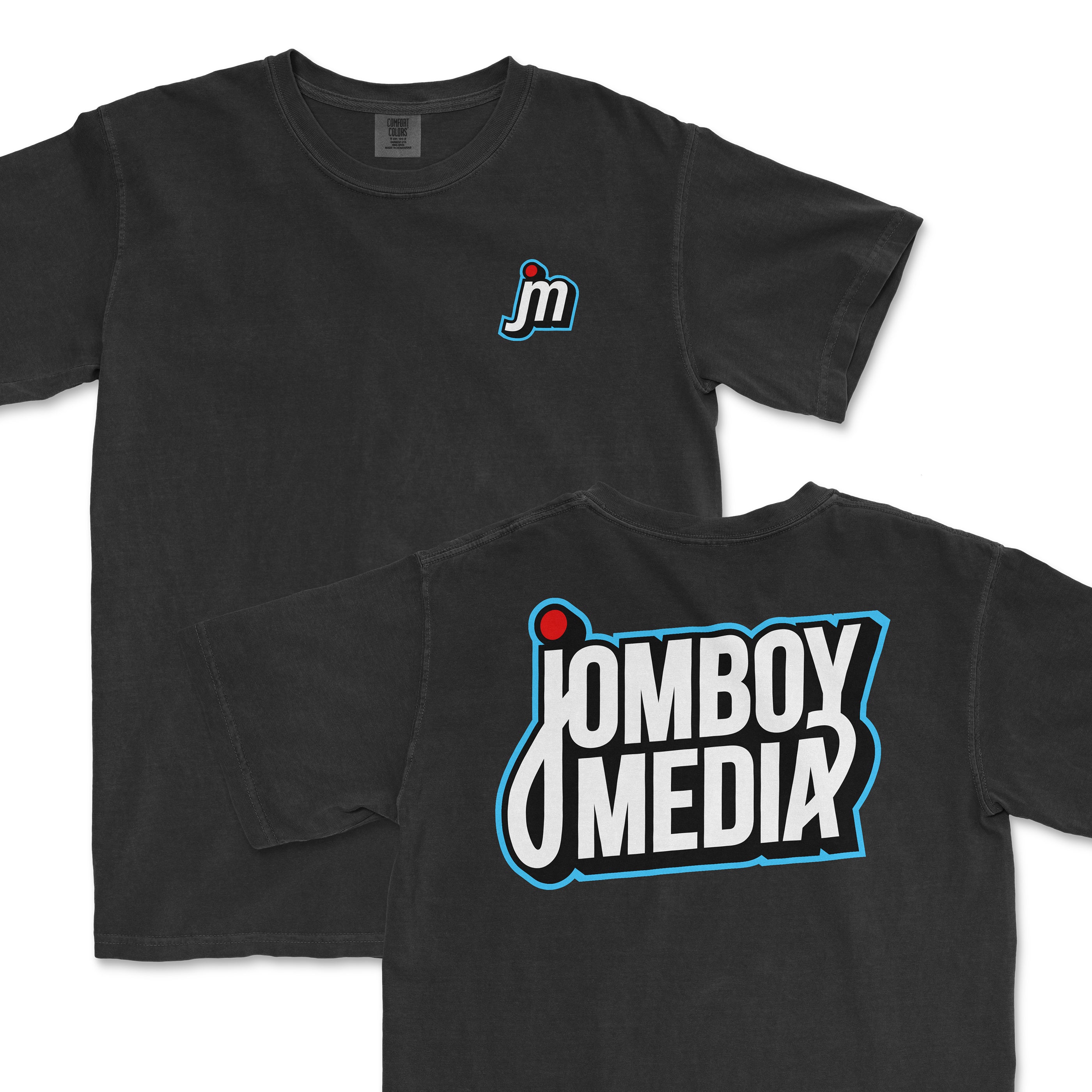 Black JM Logo Tee featuring a small front logo and a bold back design showcasing Jomboy Media branding.