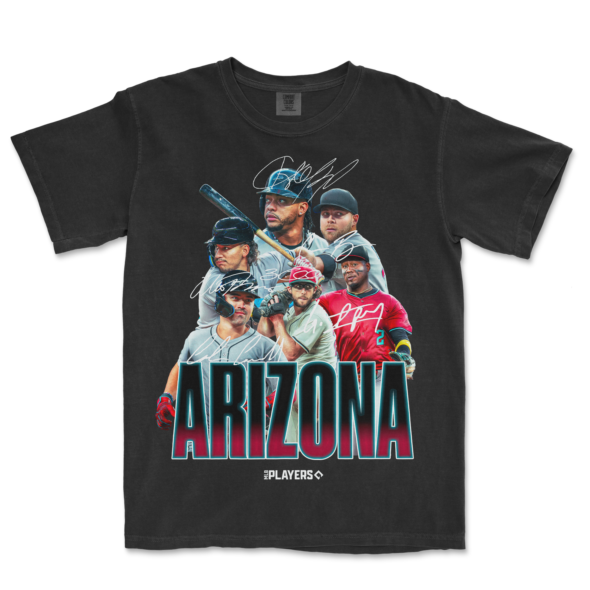 Black Comfort Colors T-shirt featuring a colorful Arizona baseball team graphic with autographs and bold "ARIZONA" text.